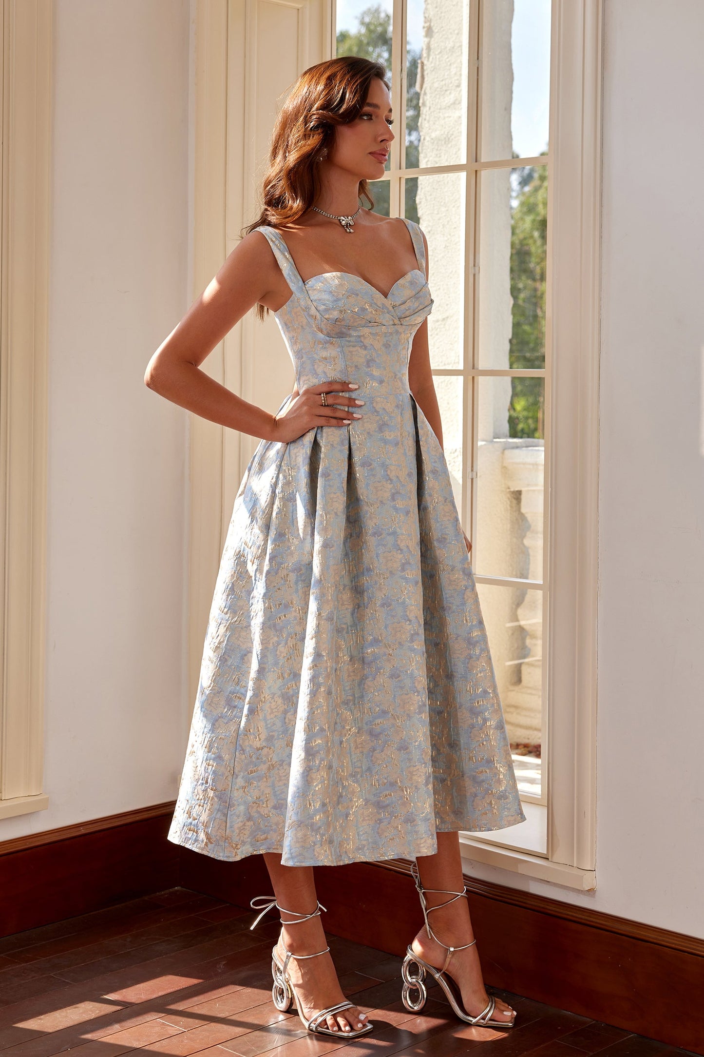 Sarah Blue Jacquard A-Line Midi Dress