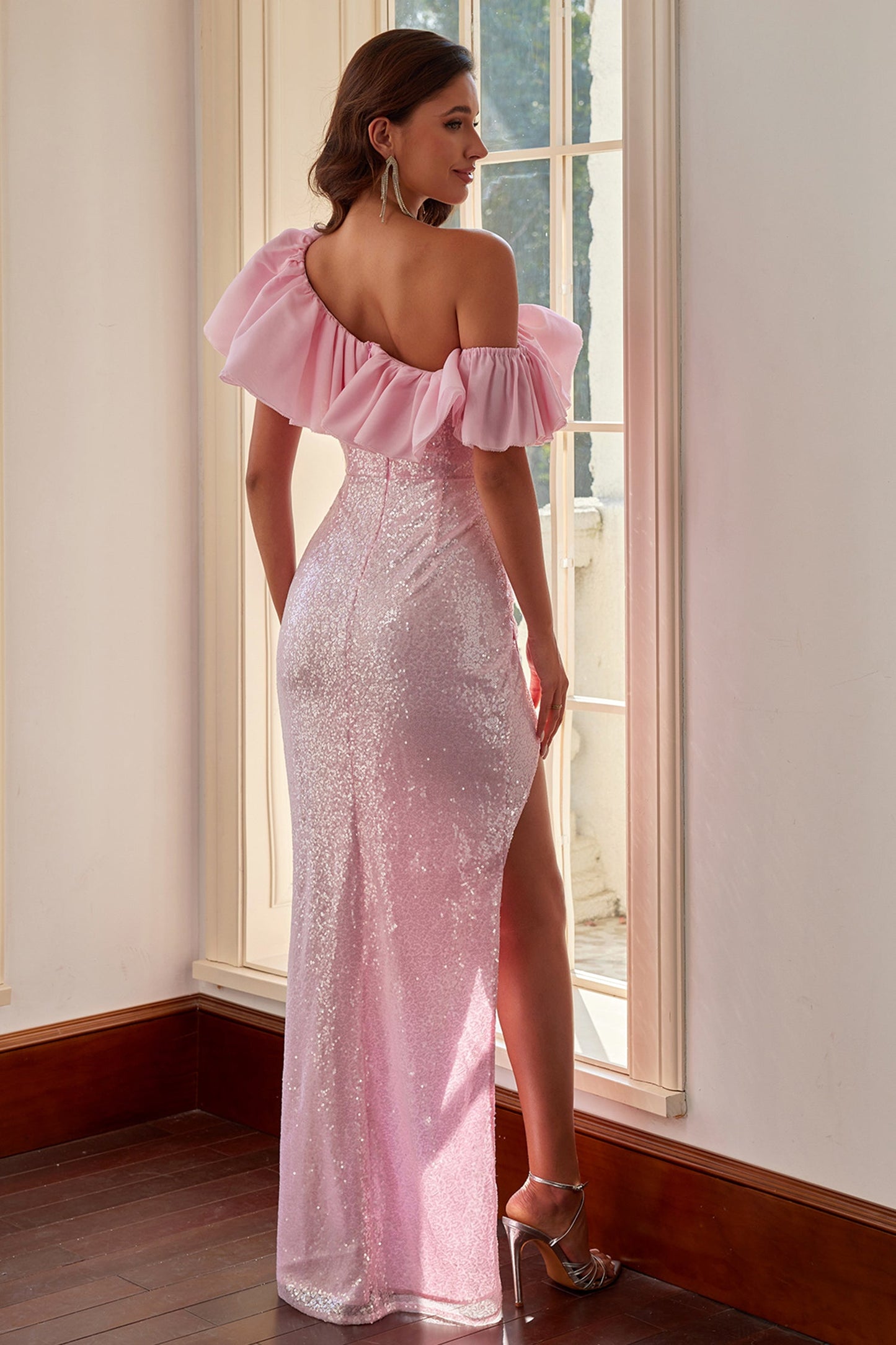 Claire Pink Sequin Ruffle Off-Shoulder Maxi dress