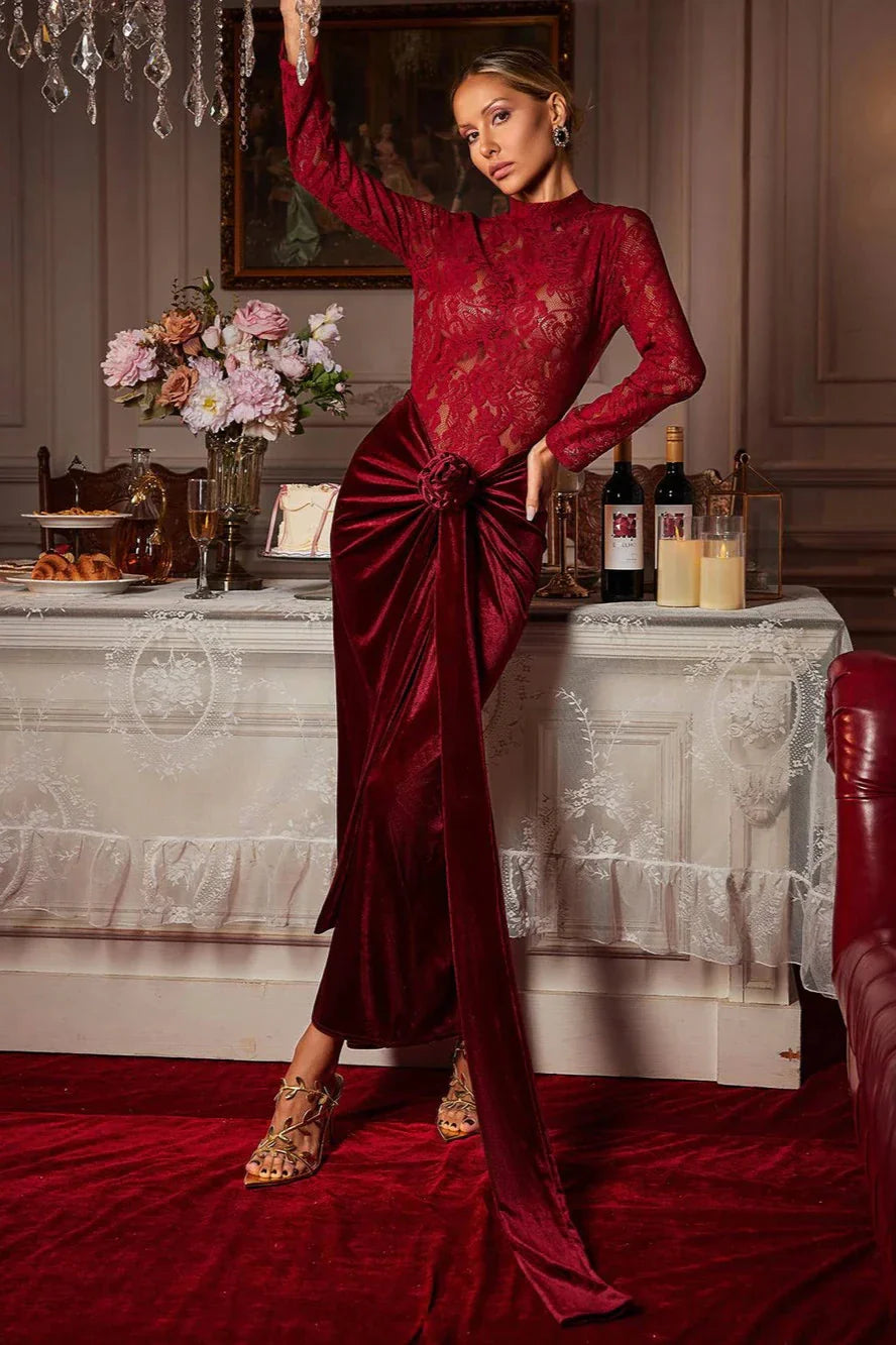 Hazel Flower Ruched Split Lace Velvet Maxi Dress