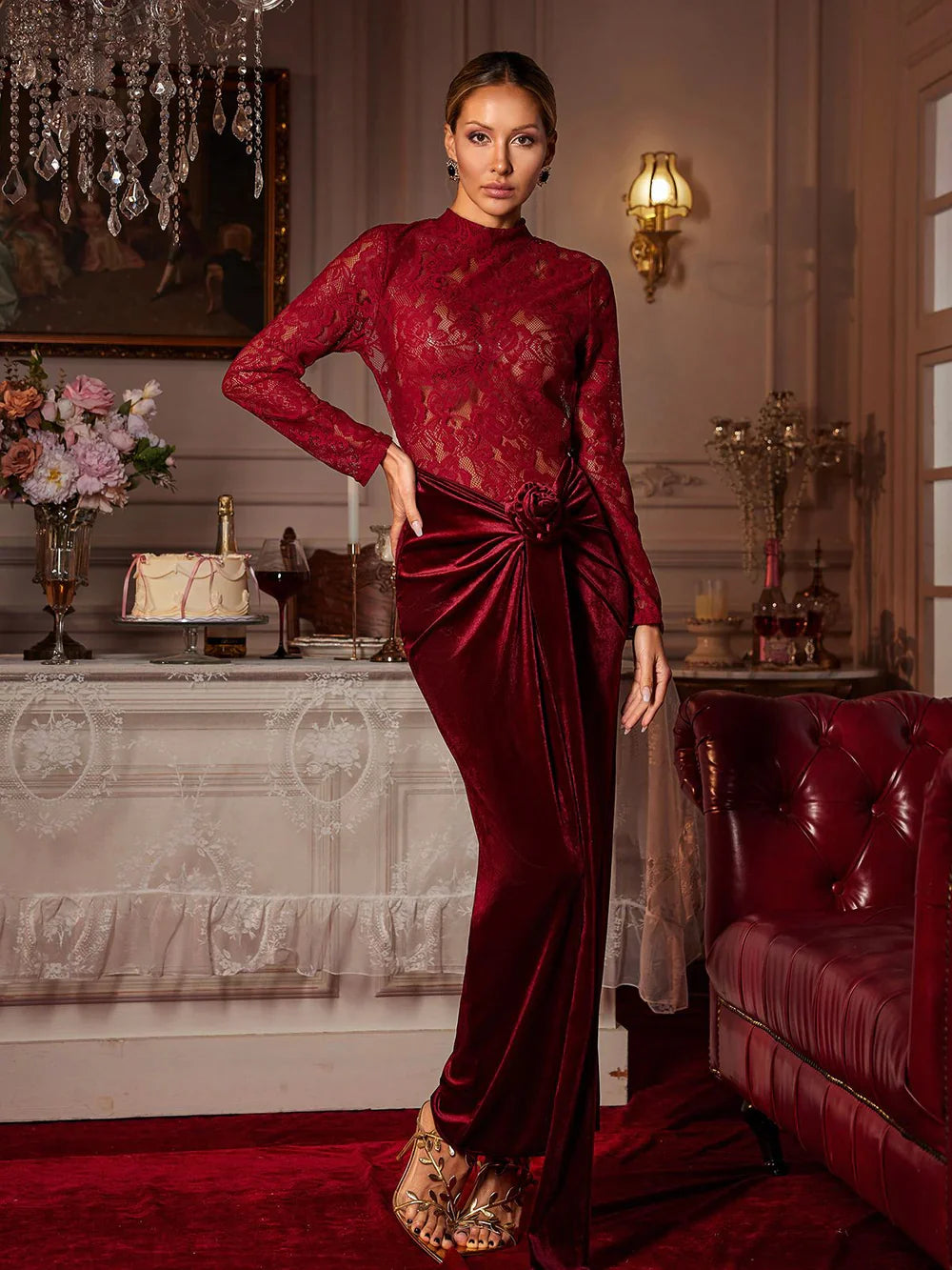 Hazel Flower Ruched Split Lace Velvet Maxi Dress