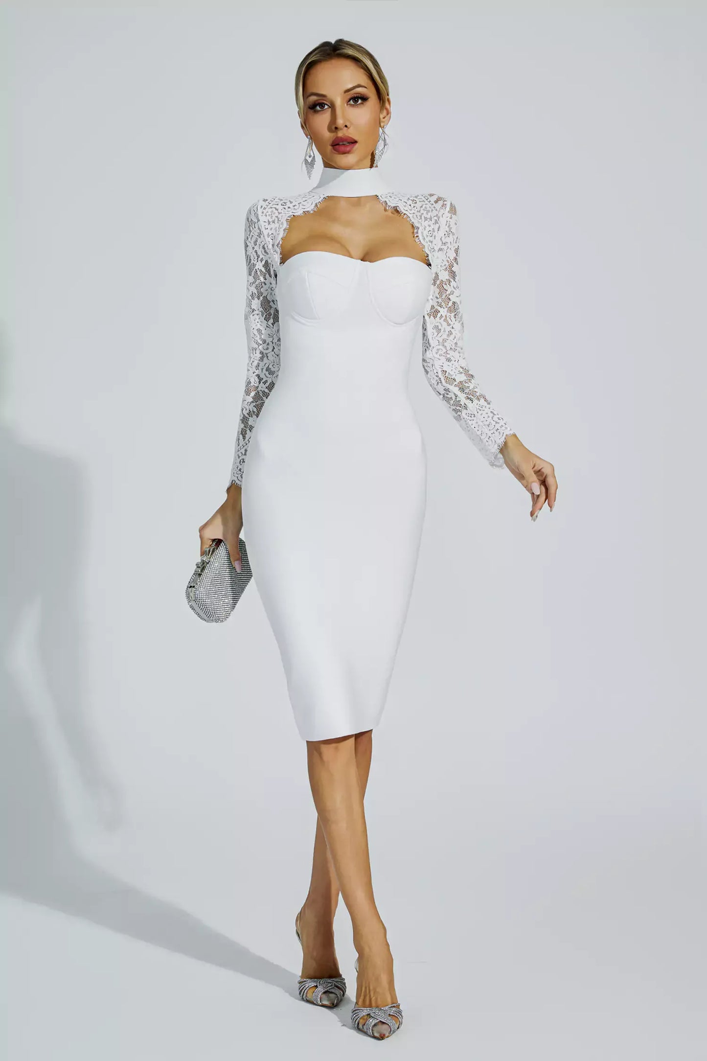 Liv White Lace Sleeve Bandage Midi Dress