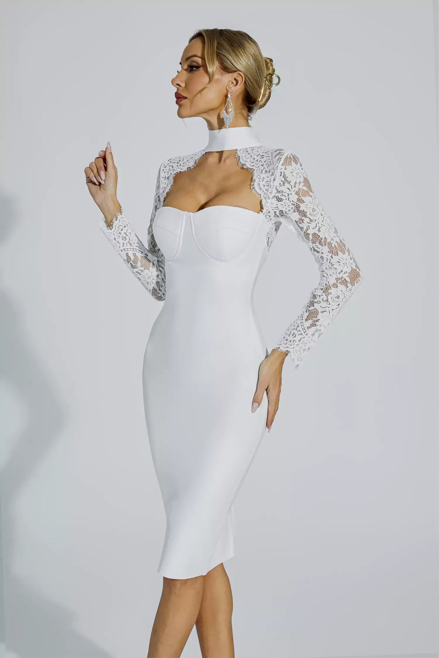 Liv White Lace Sleeve Bandage Midi Dress