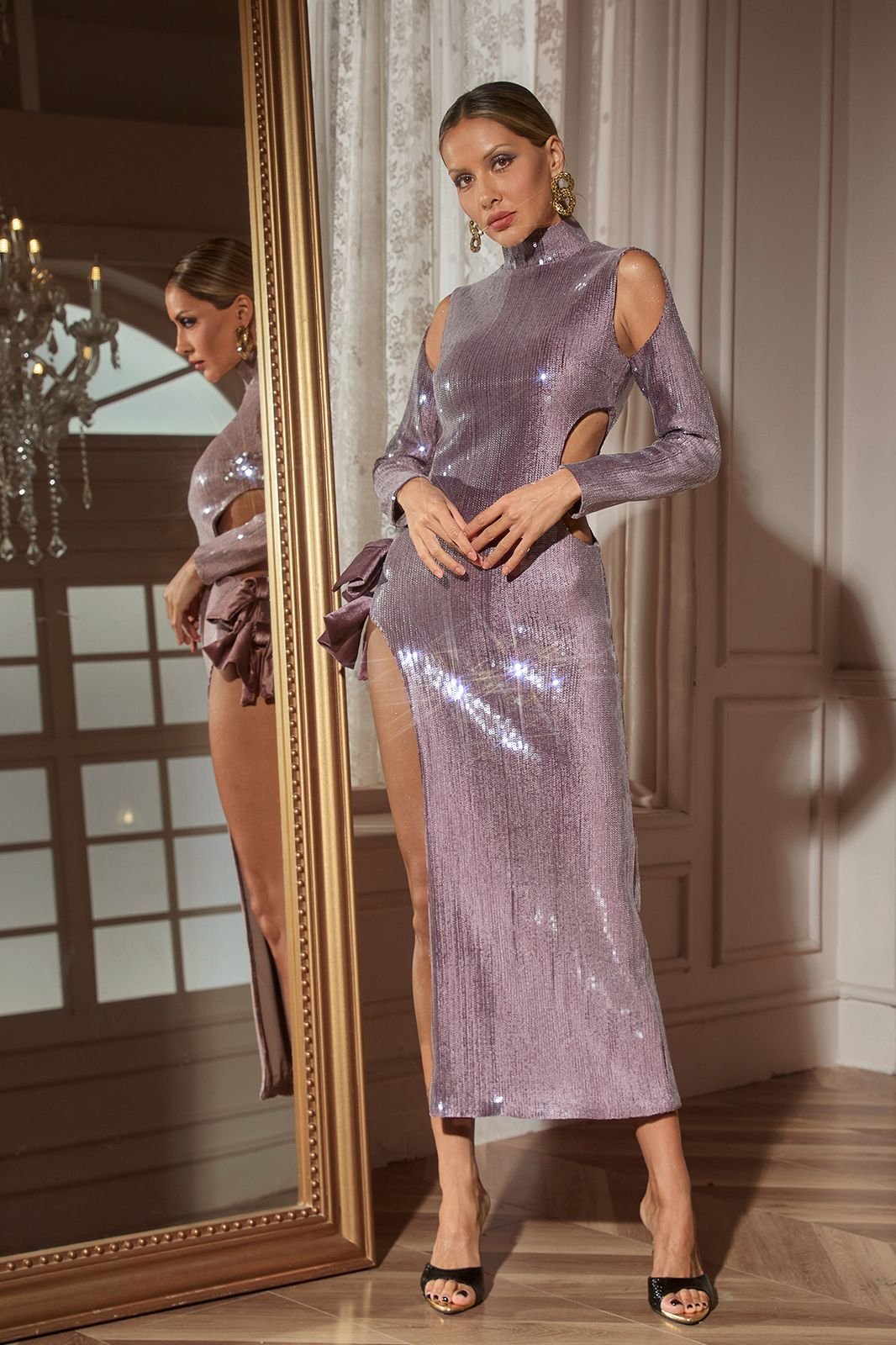 Seabi Long Sleeve Sequin Cutout Maxi Dress