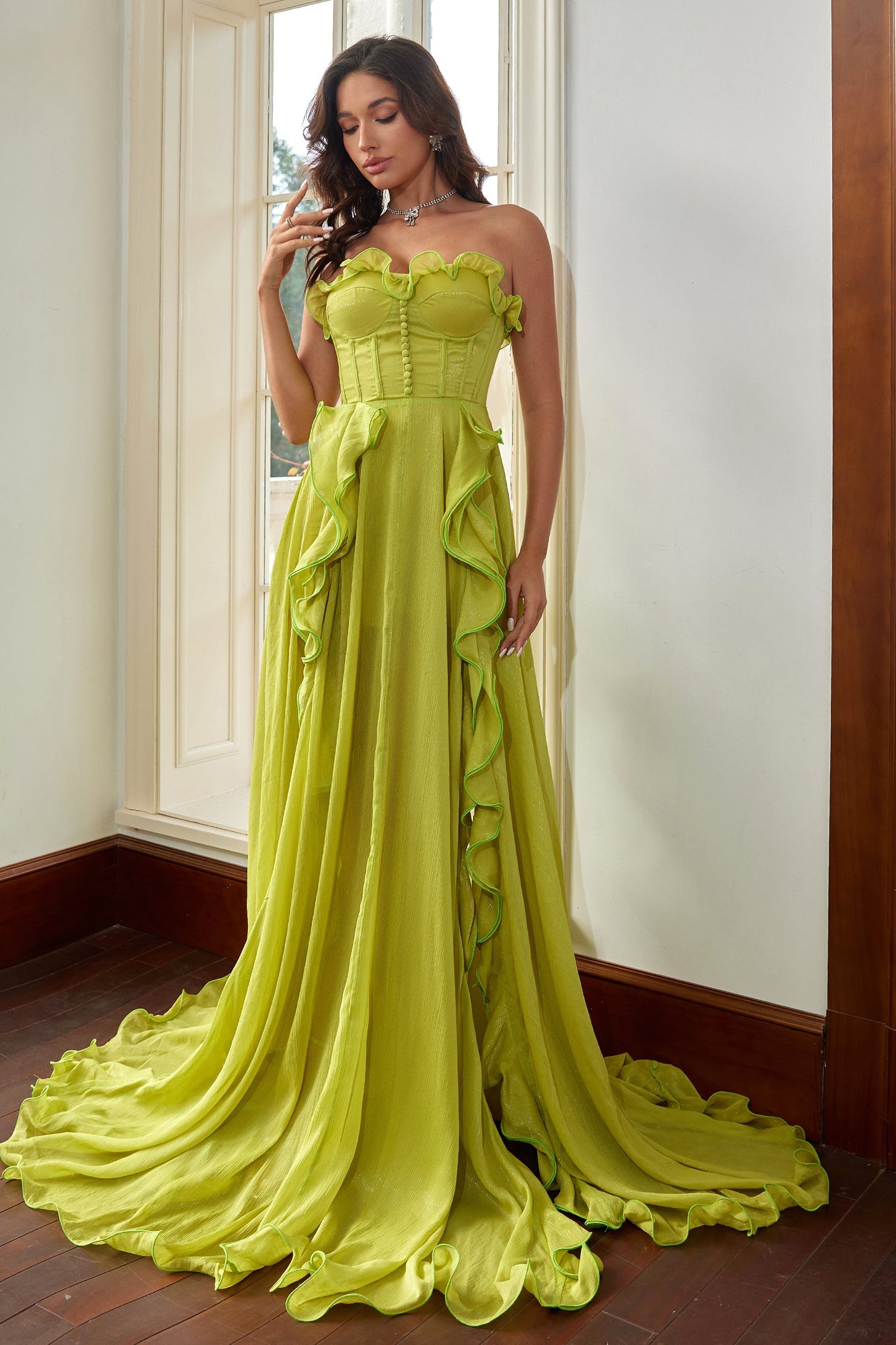 Jocasta Green Ruffle Corset Maxi Dress