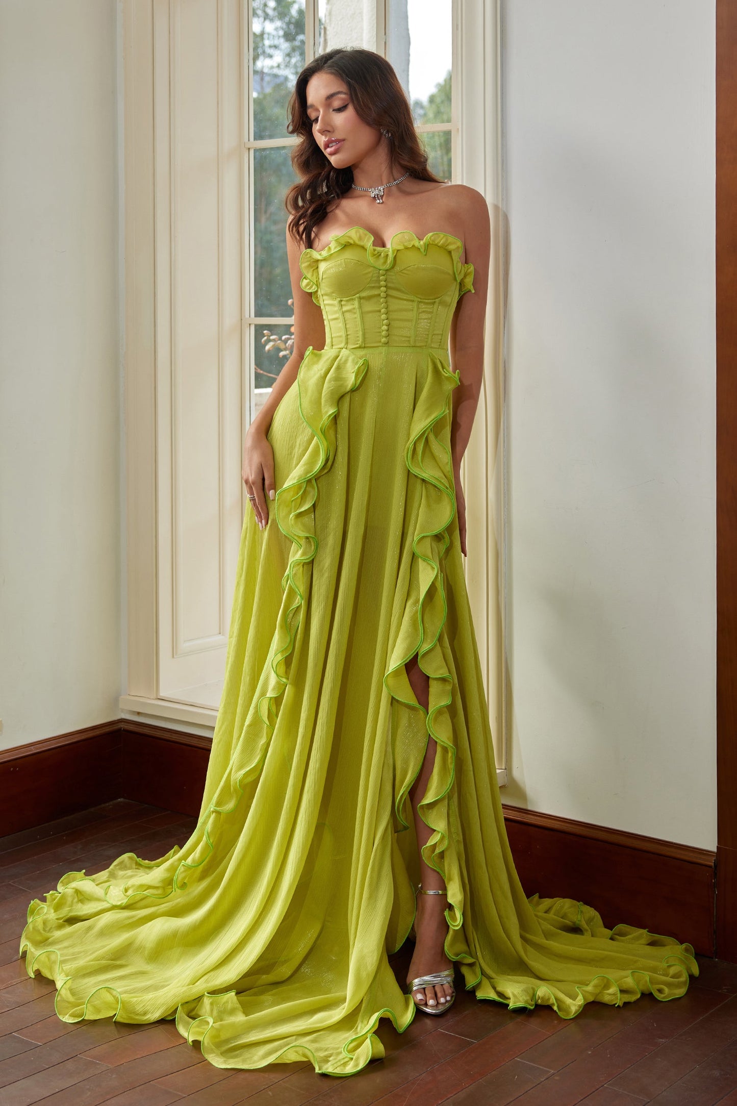 Jocasta Green Ruffle Corset Maxi Dress