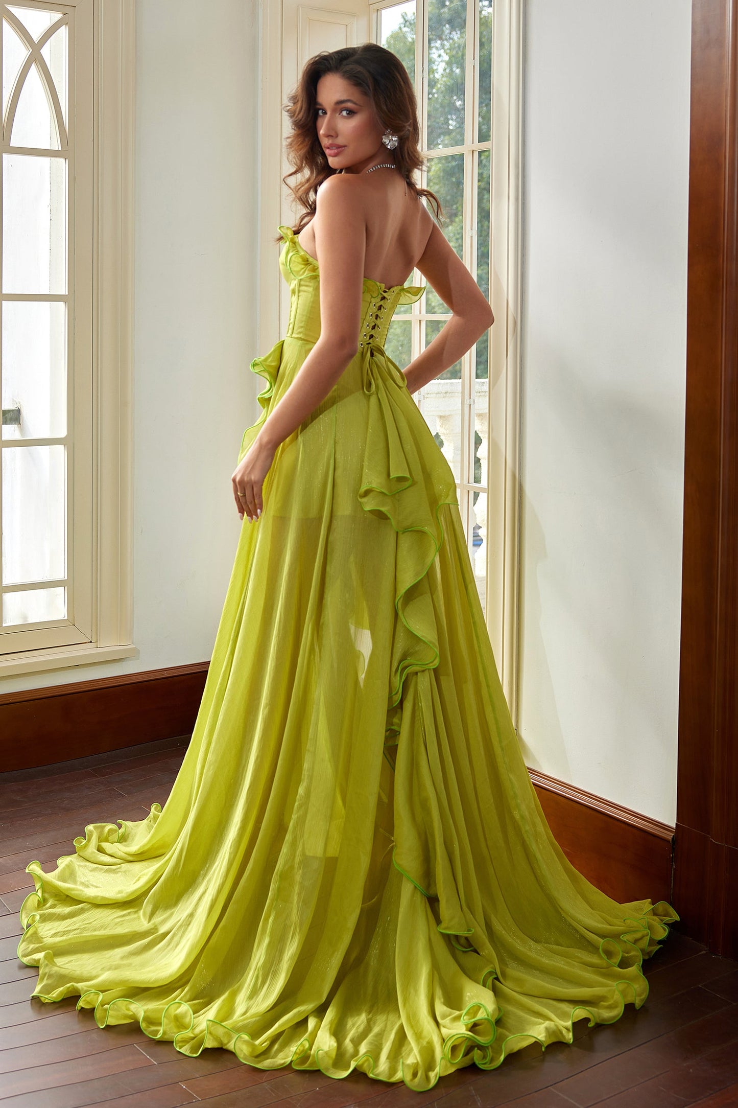 Jocasta Green Ruffle Corset Maxi Dress