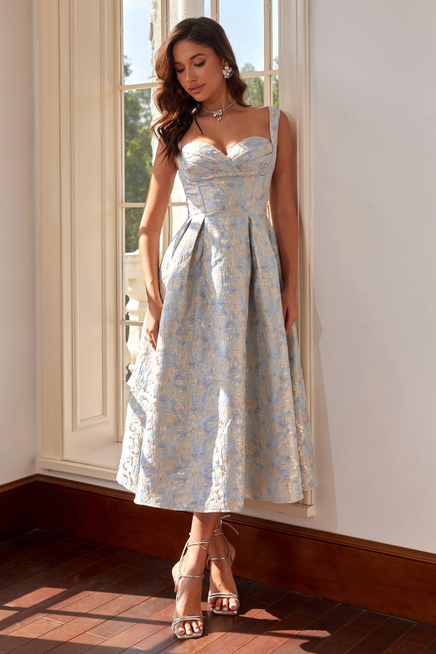 Sarah Blue Jacquard A-Line Midi Dress