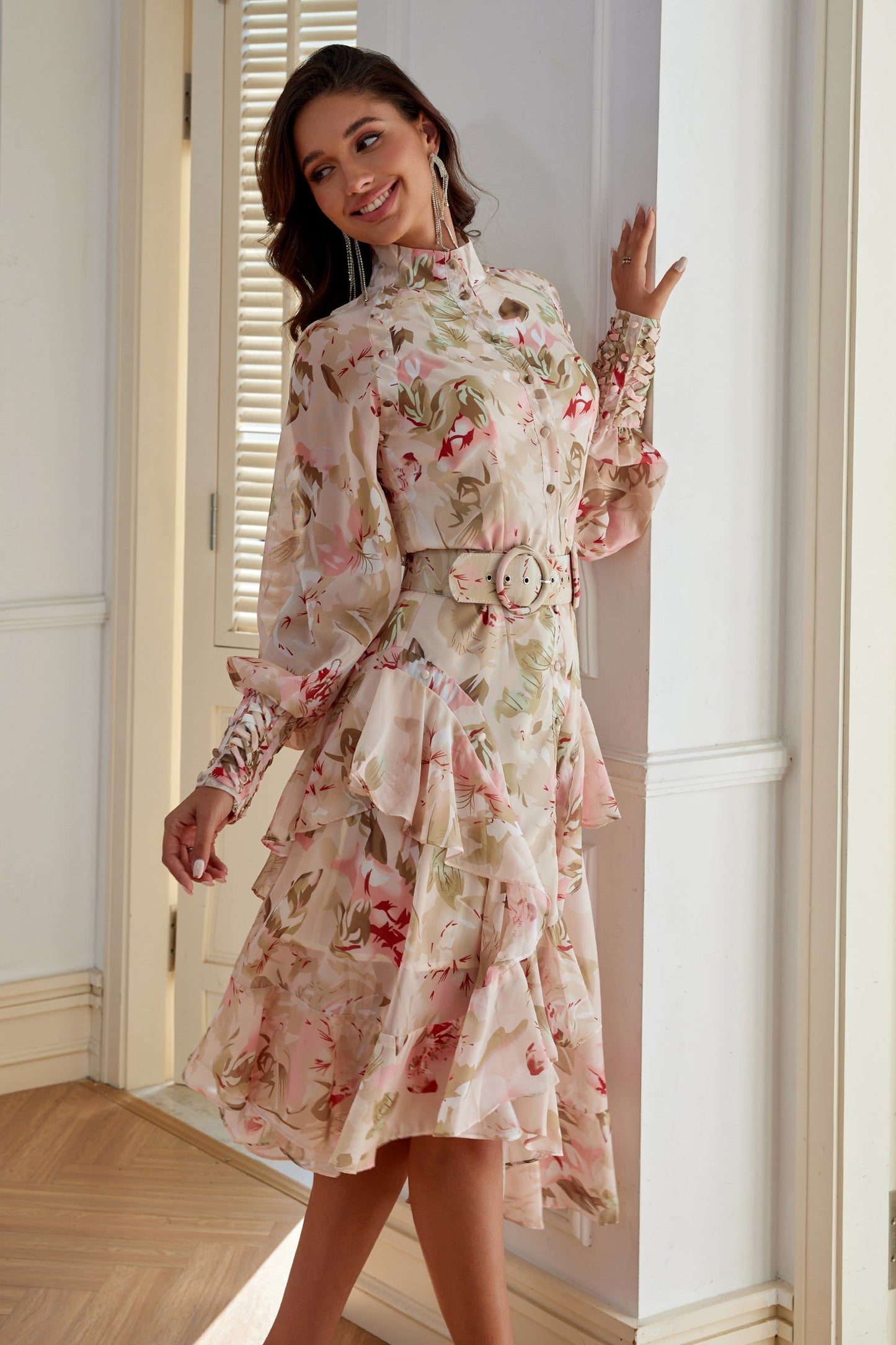 Pauline Floral Ruffle Chiffon Midi Dress