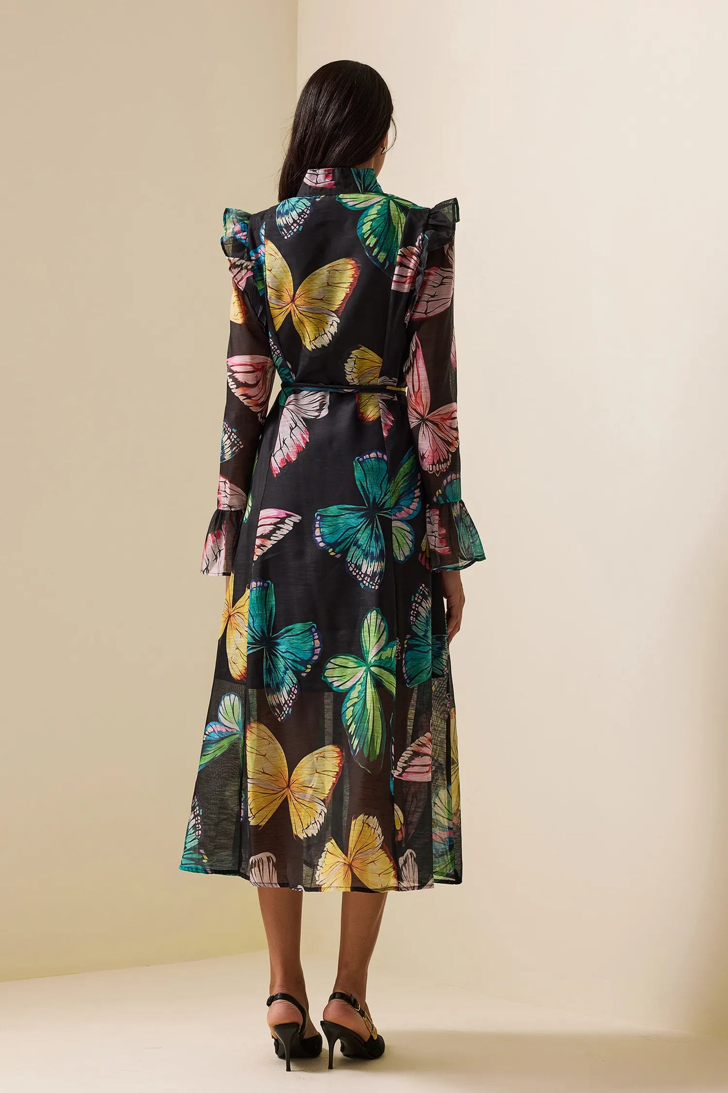 Butterfly Print Lantern Sleeve Midi Dress