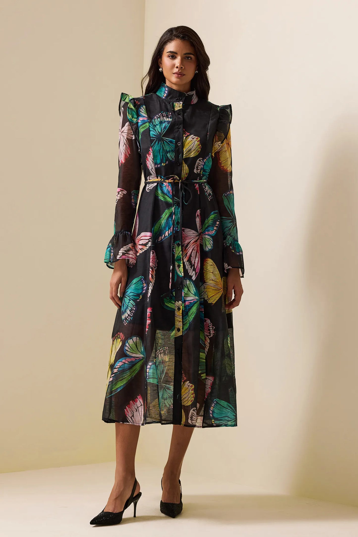 Butterfly Print Lantern Sleeve Midi Dress