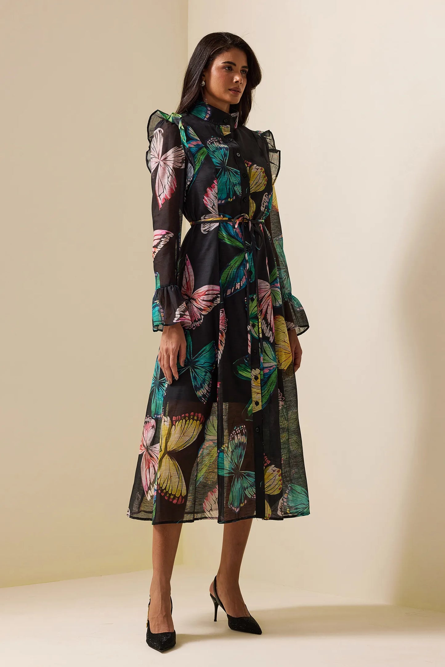 Butterfly Print Lantern Sleeve Midi Dress