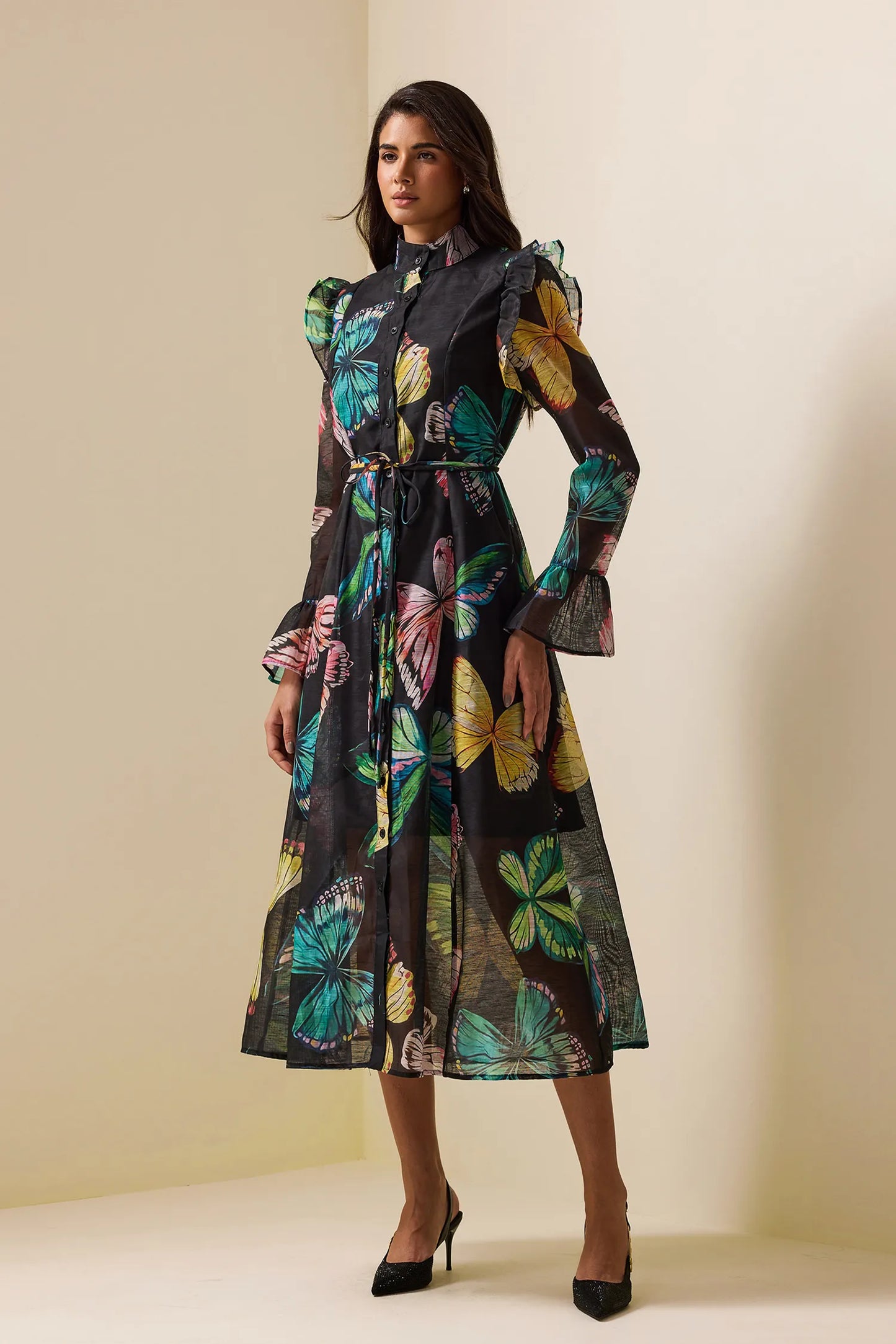 Butterfly Print Lantern Sleeve Midi Dress