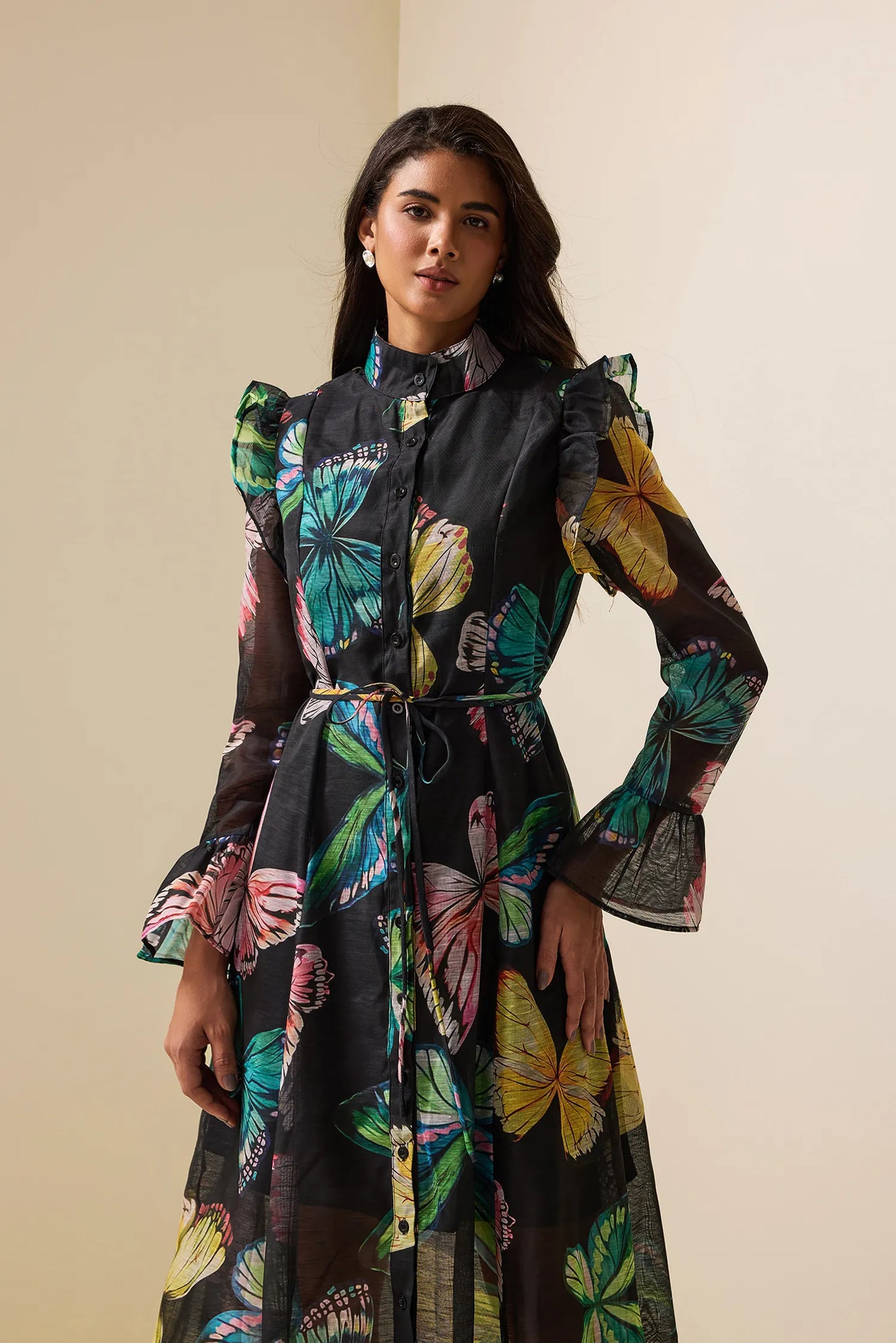 Butterfly Print Lantern Sleeve Midi Dress