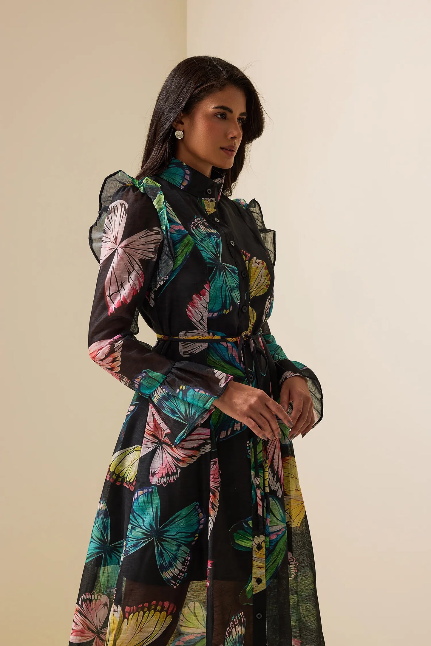 Butterfly Print Lantern Sleeve Midi Dress