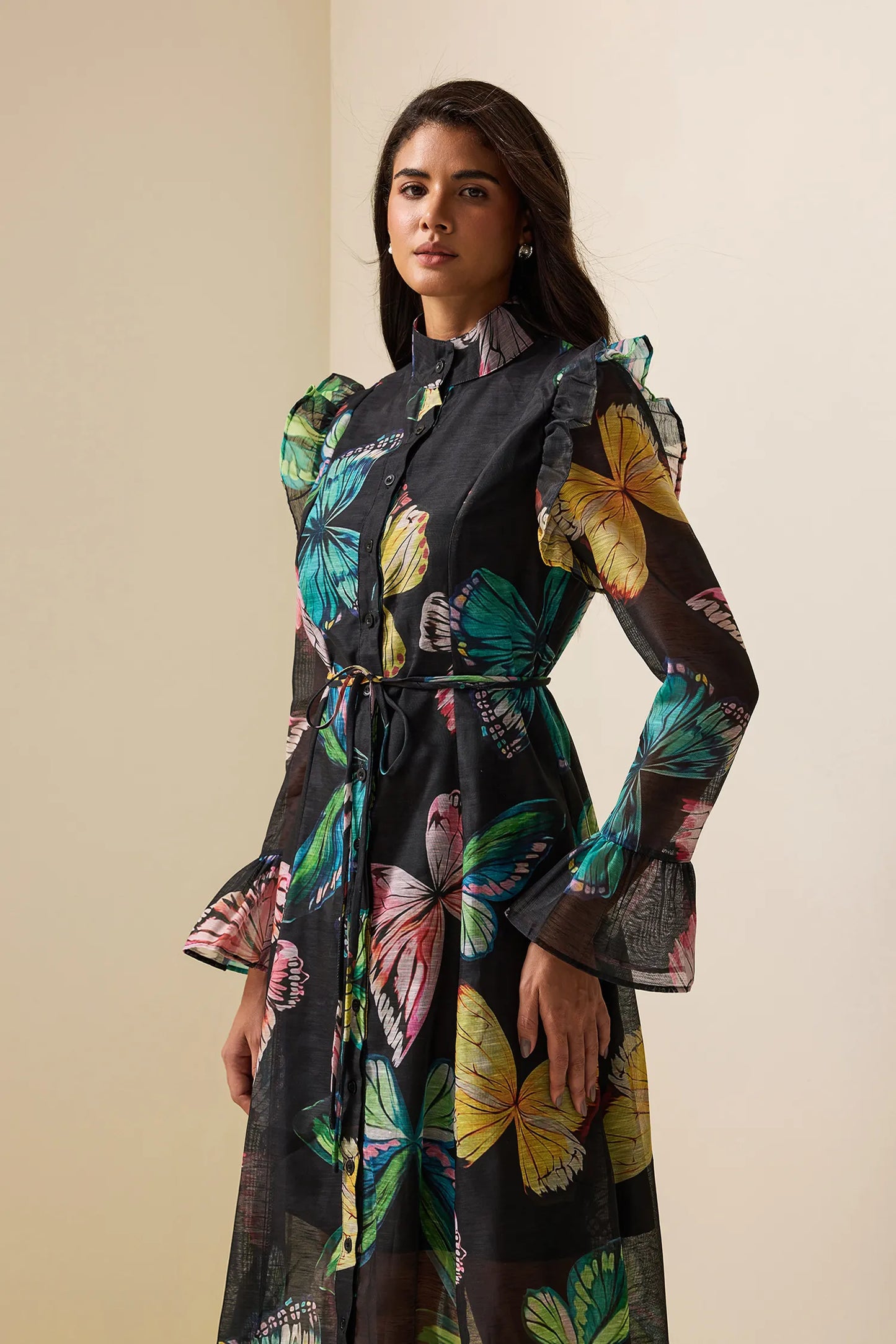 Butterfly Print Lantern Sleeve Midi Dress