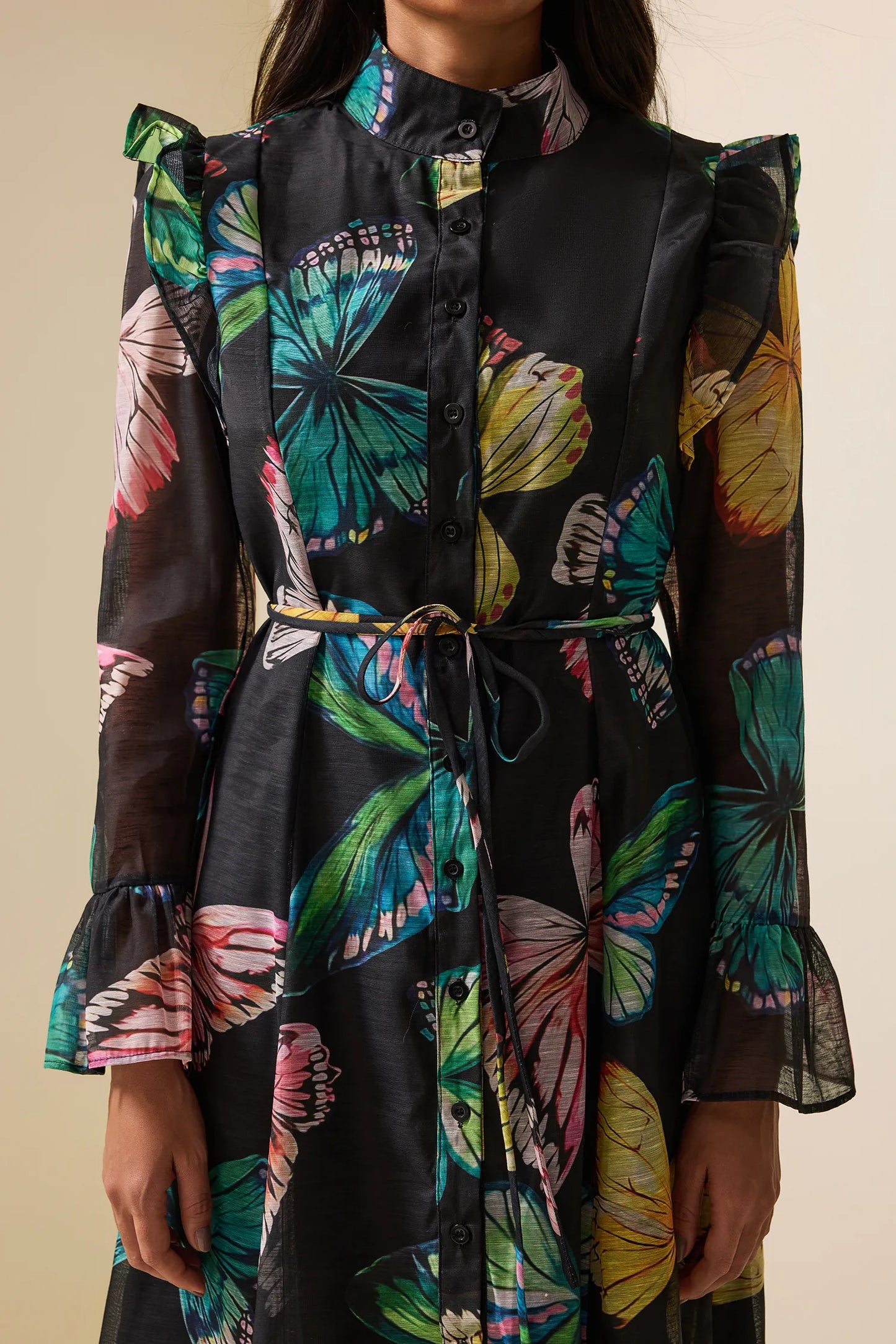 Butterfly Print Lantern Sleeve Midi Dress