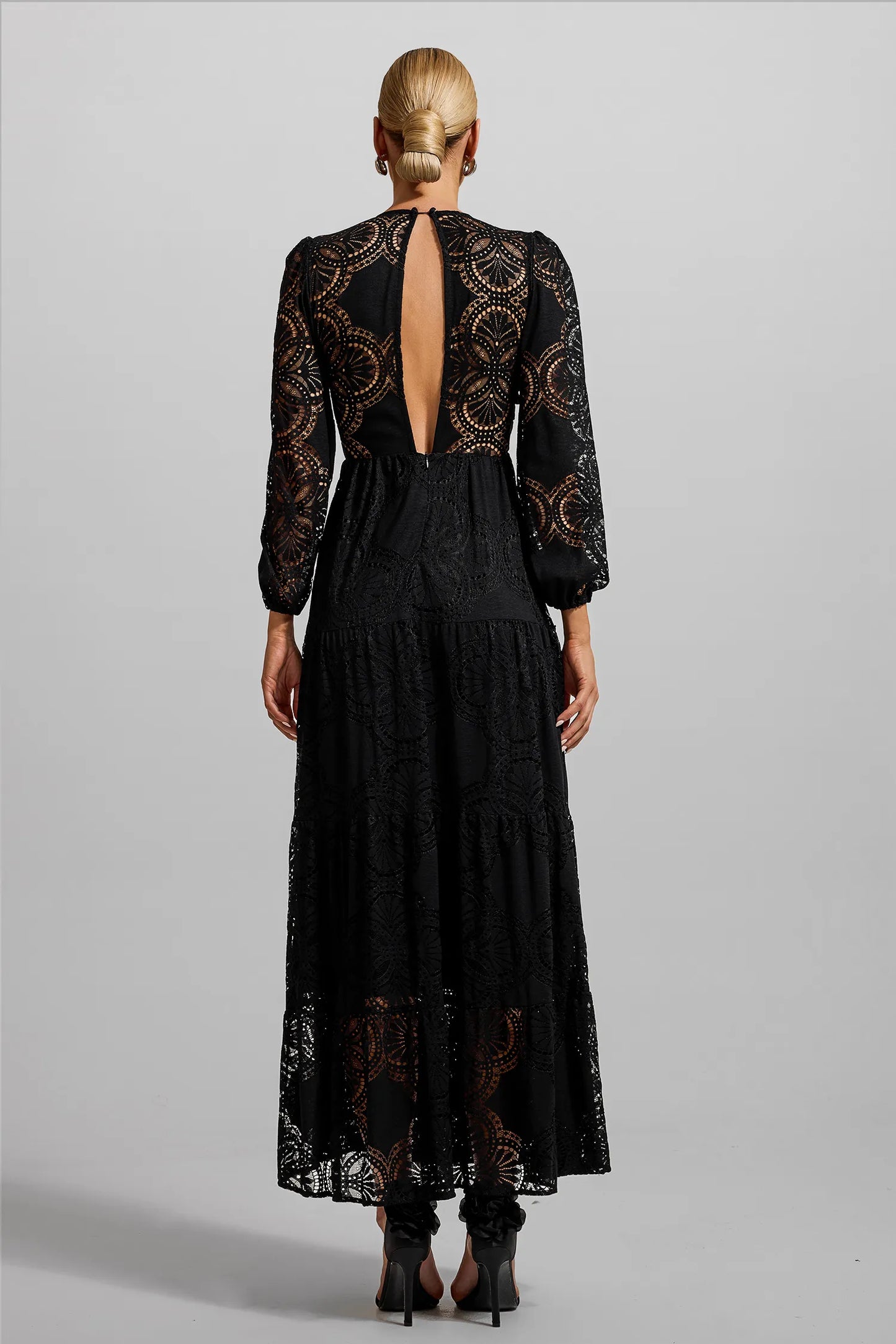 Lace 3D Flower Long Sleeve Maxi Dress Black