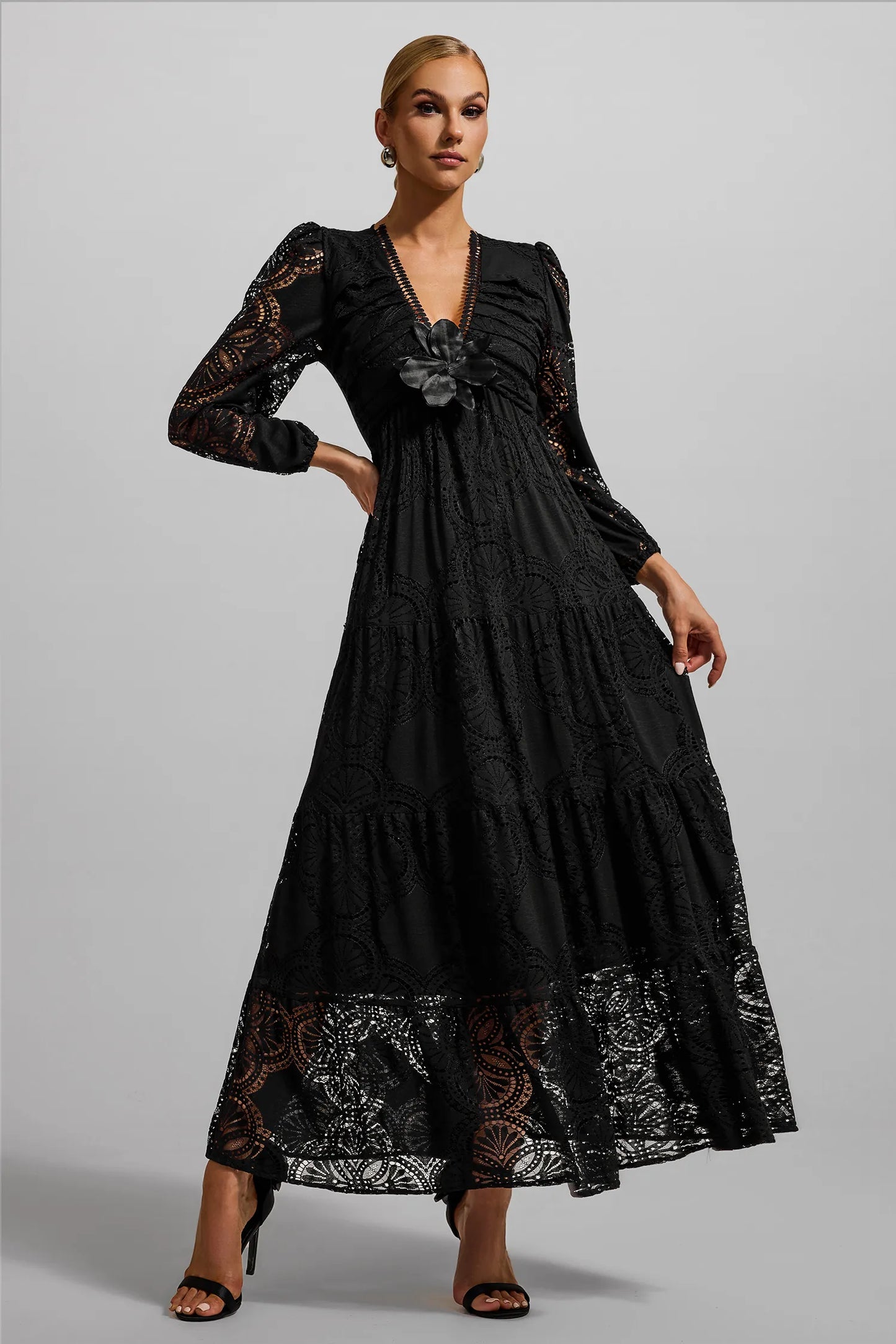 Lace 3D Flower Long Sleeve Maxi Dress Black