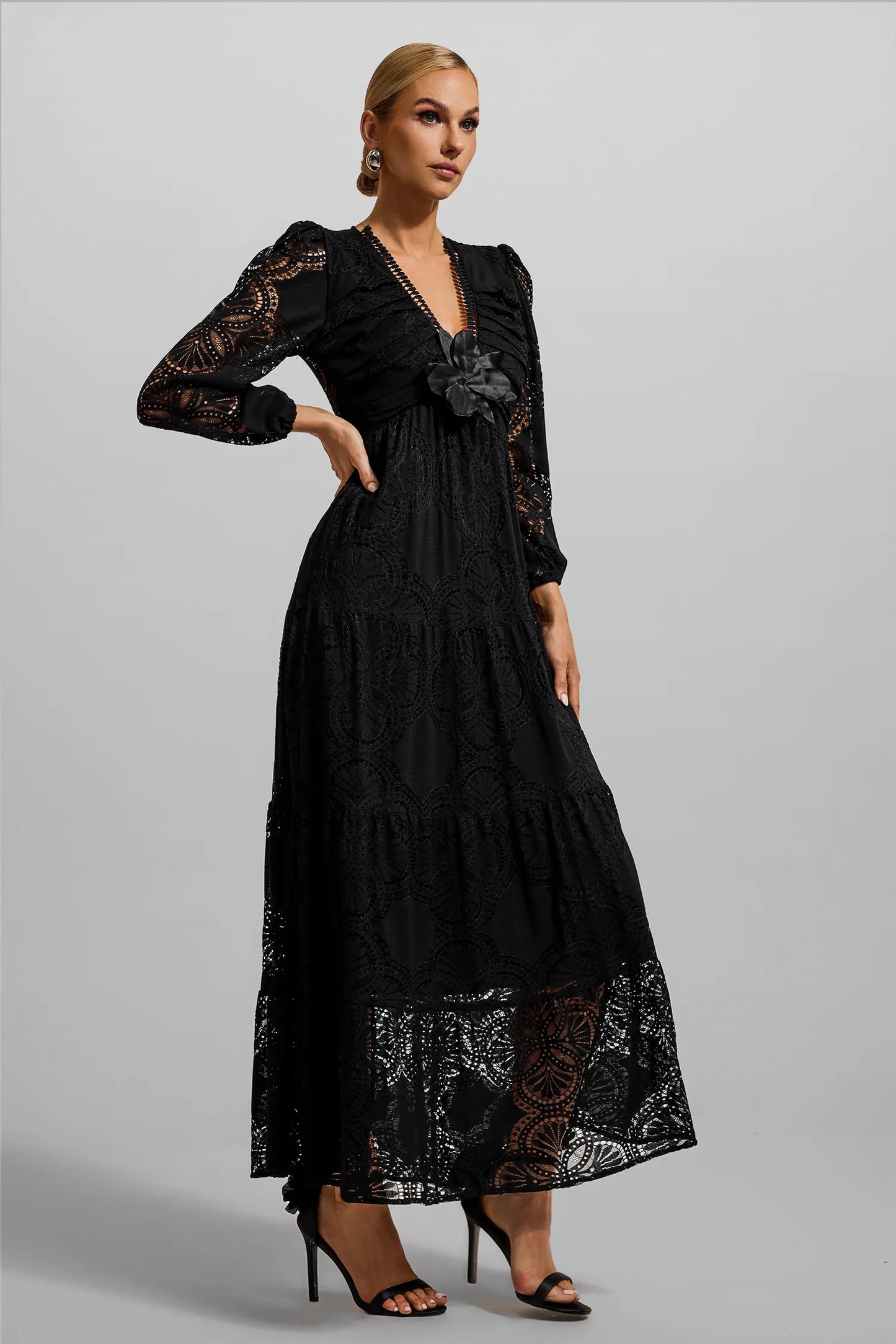 Lace 3D Flower Long Sleeve Maxi Dress Black