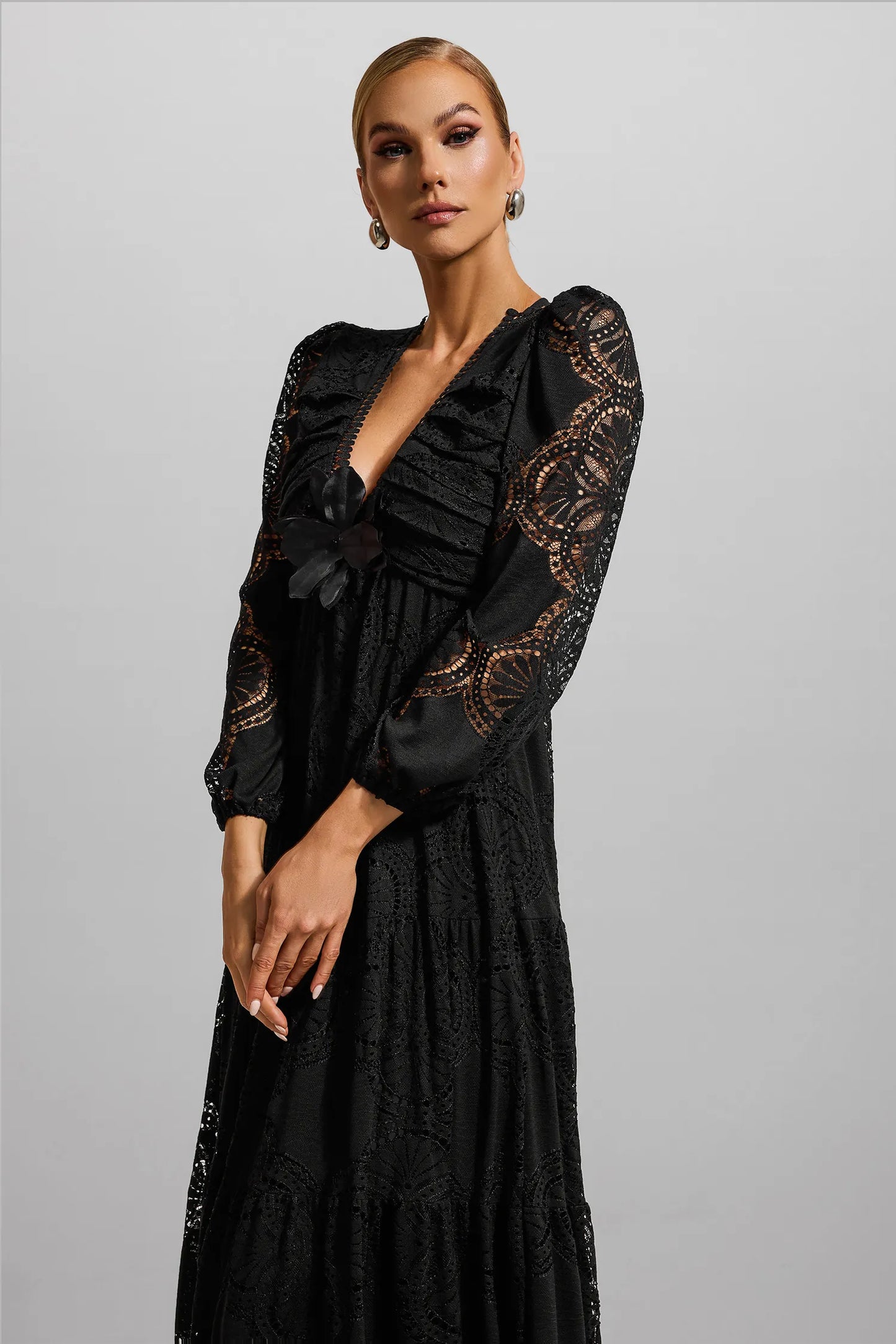 Lace 3D Flower Long Sleeve Maxi Dress Black