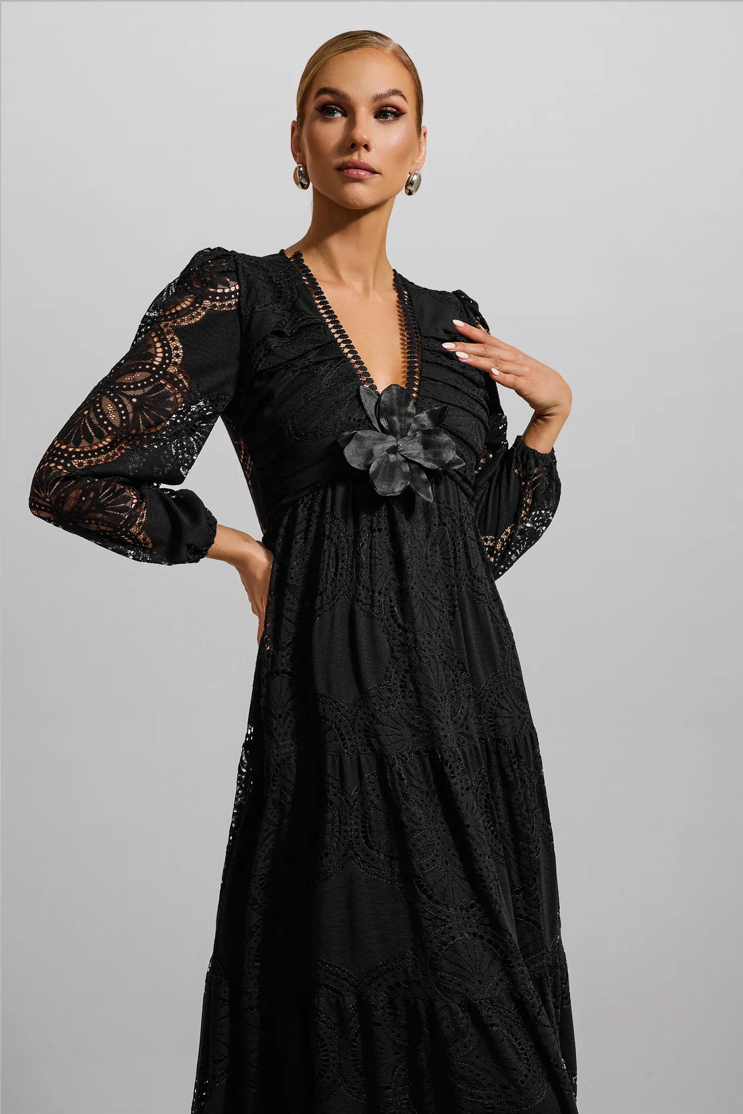 Lace 3D Flower Long Sleeve Maxi Dress Black