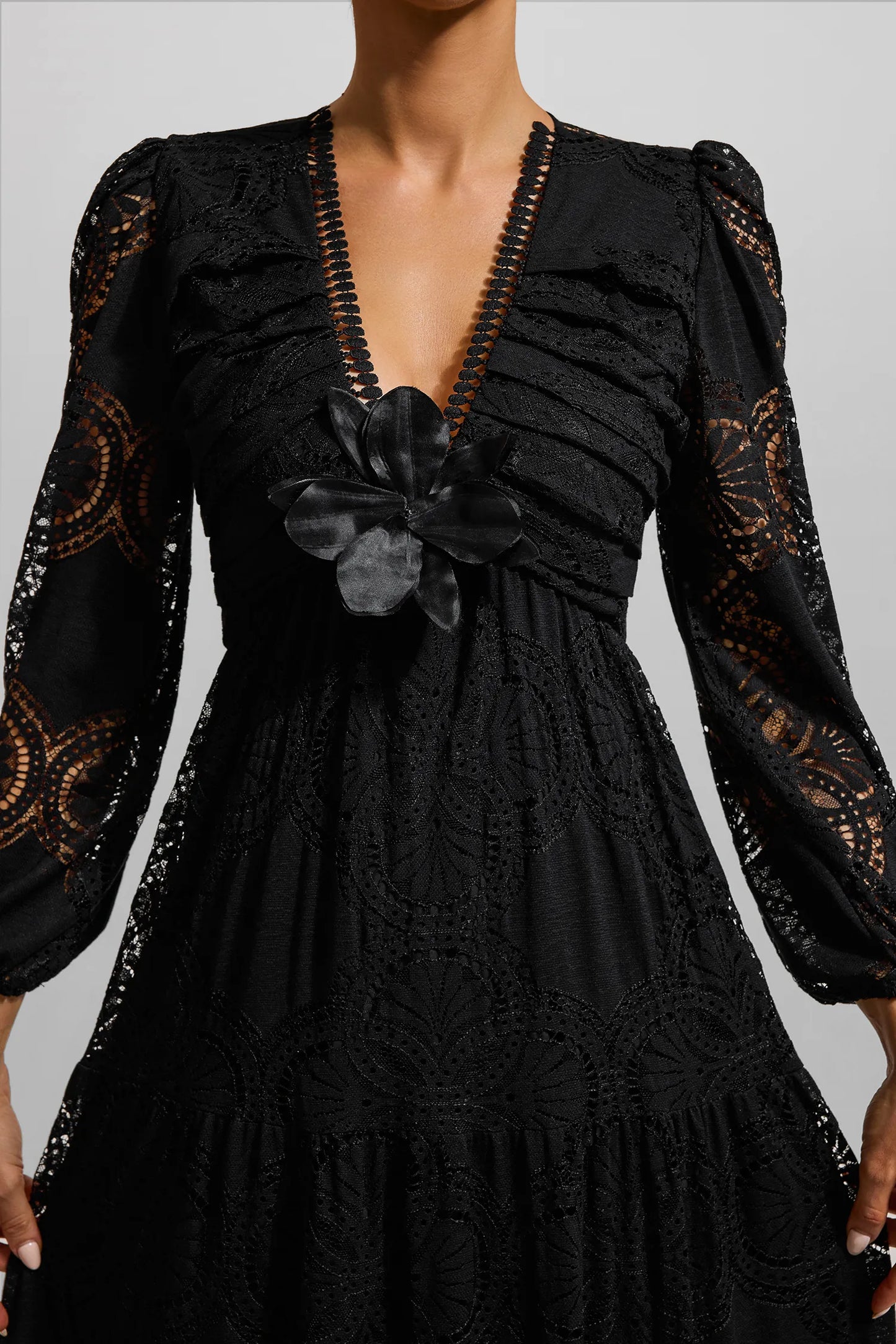 Lace 3D Flower Long Sleeve Maxi Dress Black