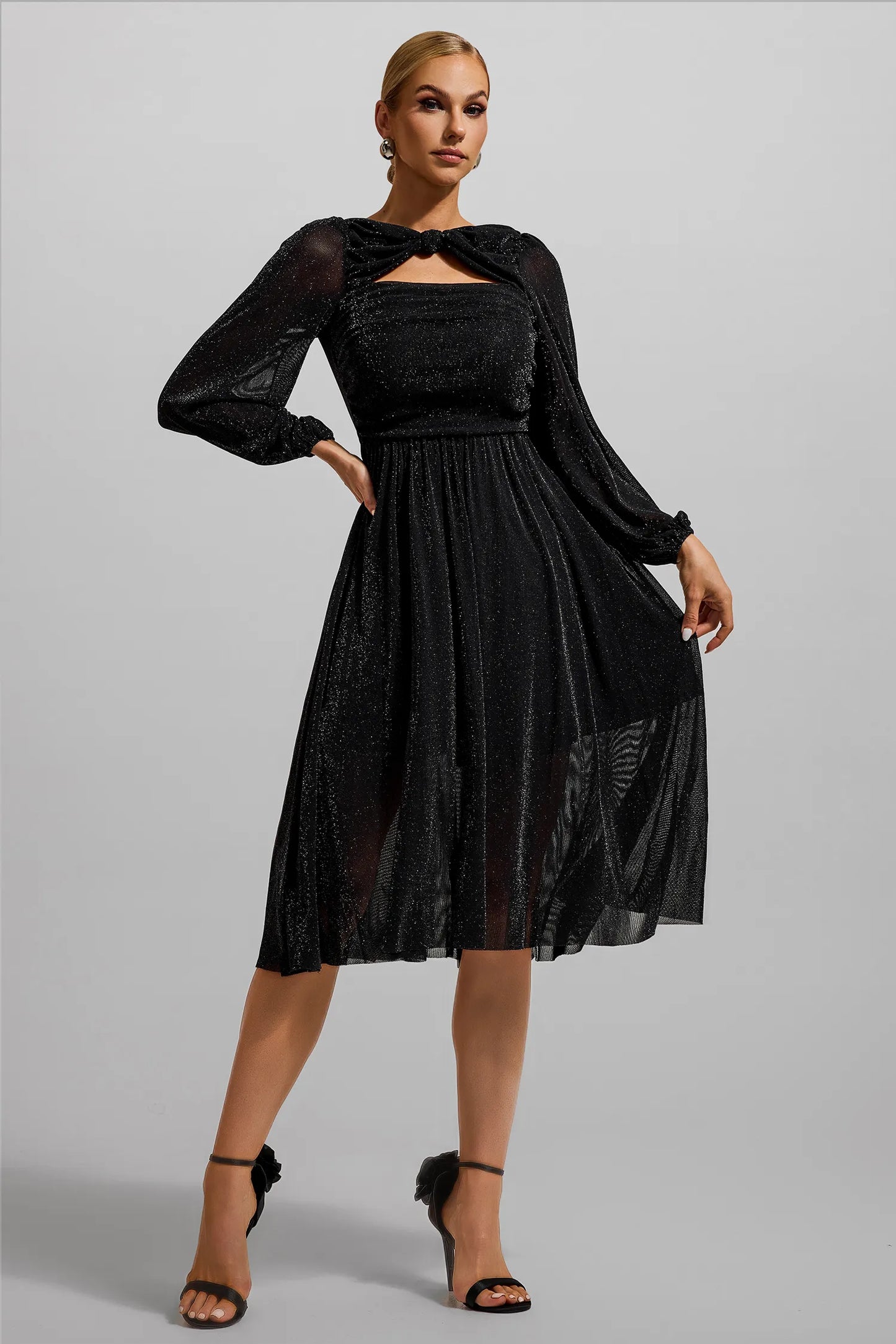 Knotted Ruched Lantern Sleeve Midi Dress