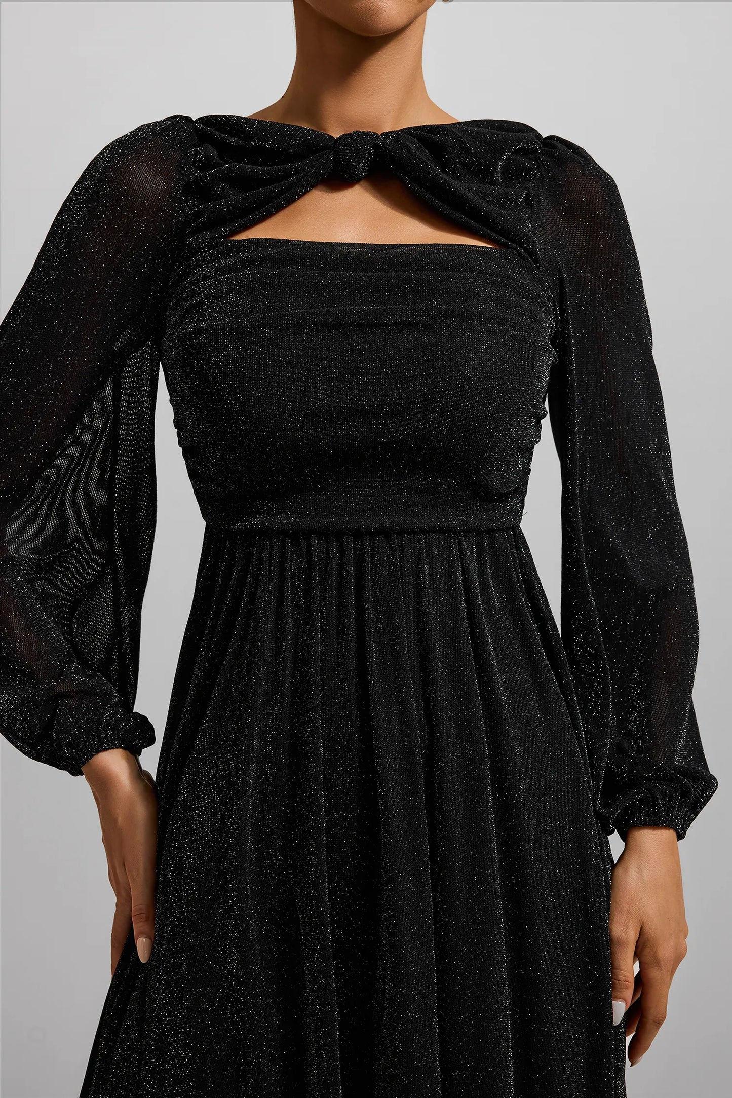 Knotted Ruched Lantern Sleeve Midi Dress