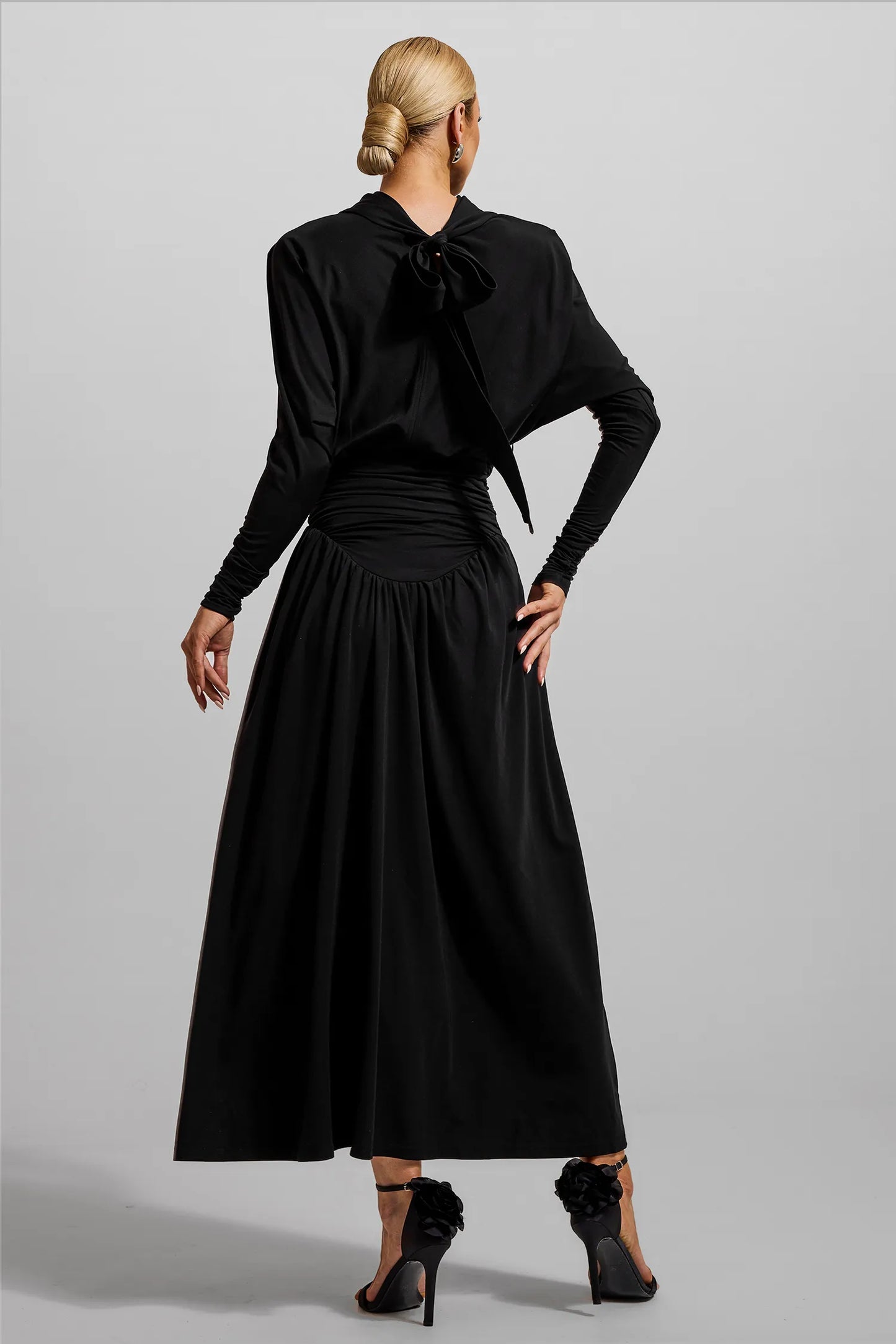 Jersey Solid Ruched Long Sleeve Maxi Dress