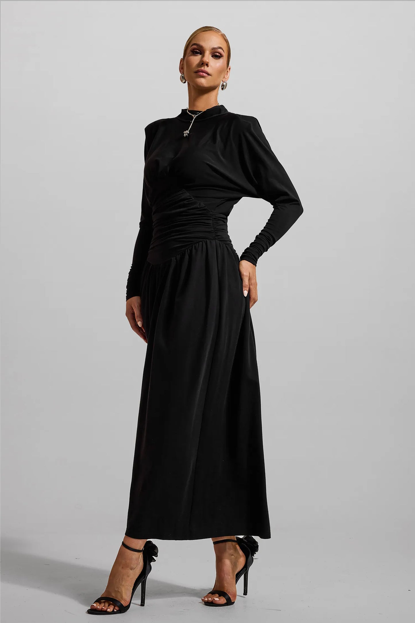 Jersey Solid Ruched Long Sleeve Maxi Dress