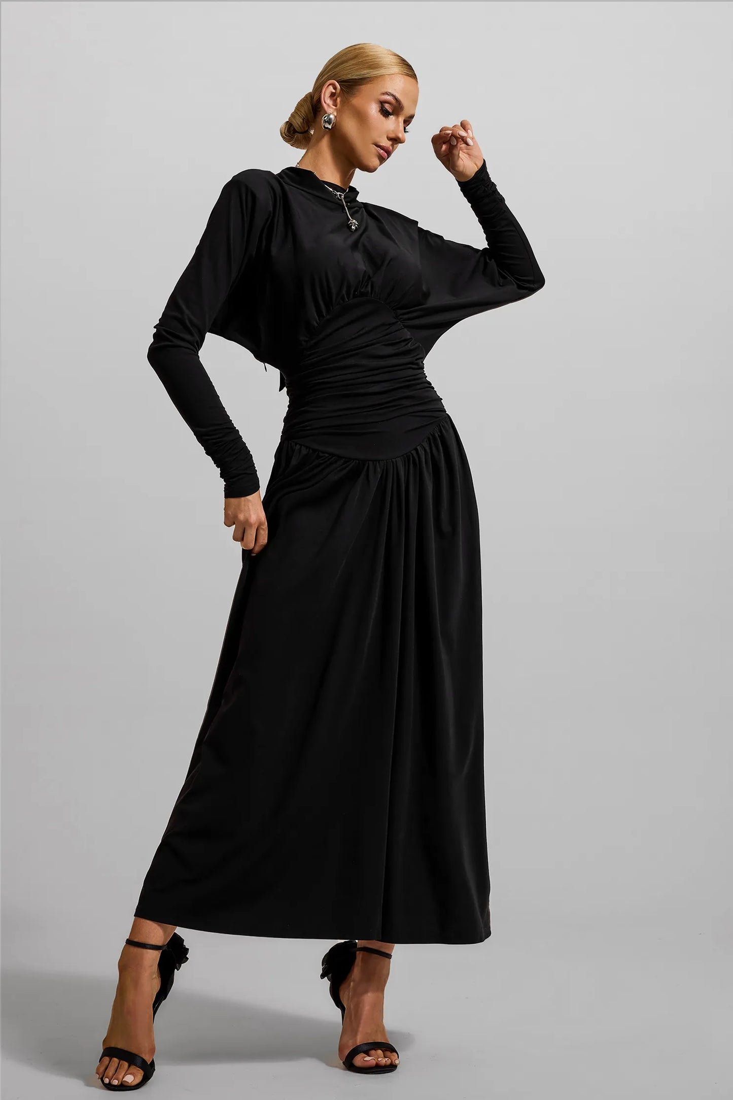 Jersey Solid Ruched Long Sleeve Maxi Dress