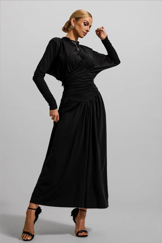 Jersey Solid Ruched Long Sleeve Maxi Dress