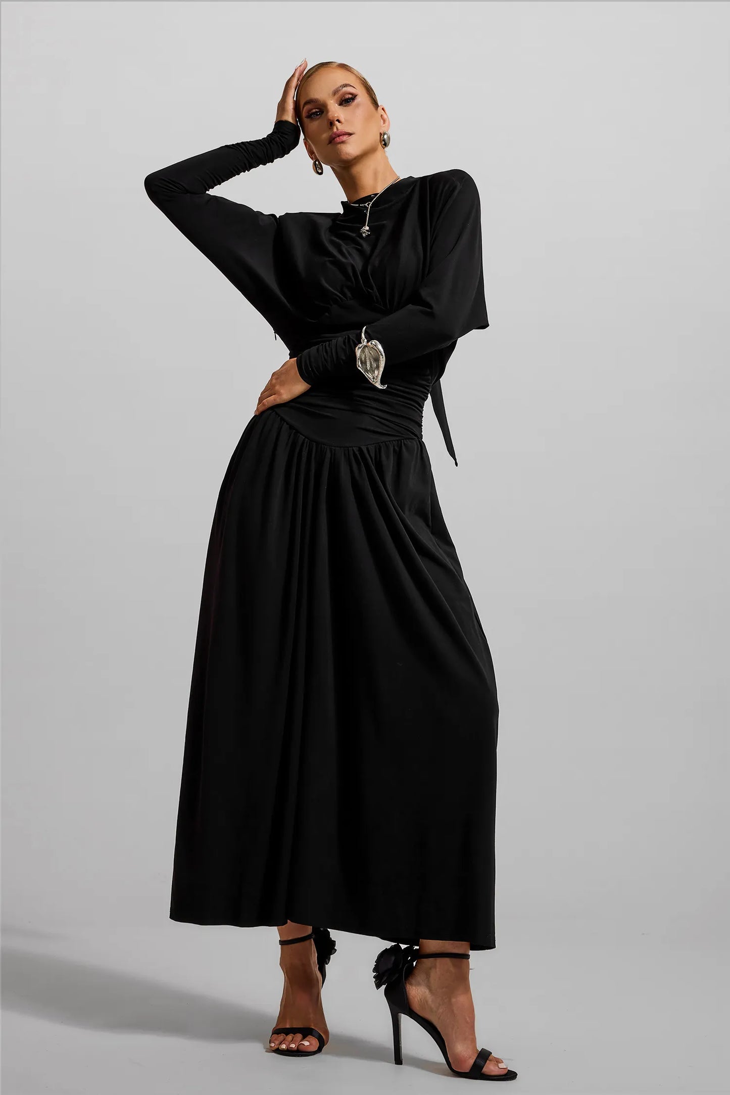 Jersey Solid Ruched Long Sleeve Maxi Dress