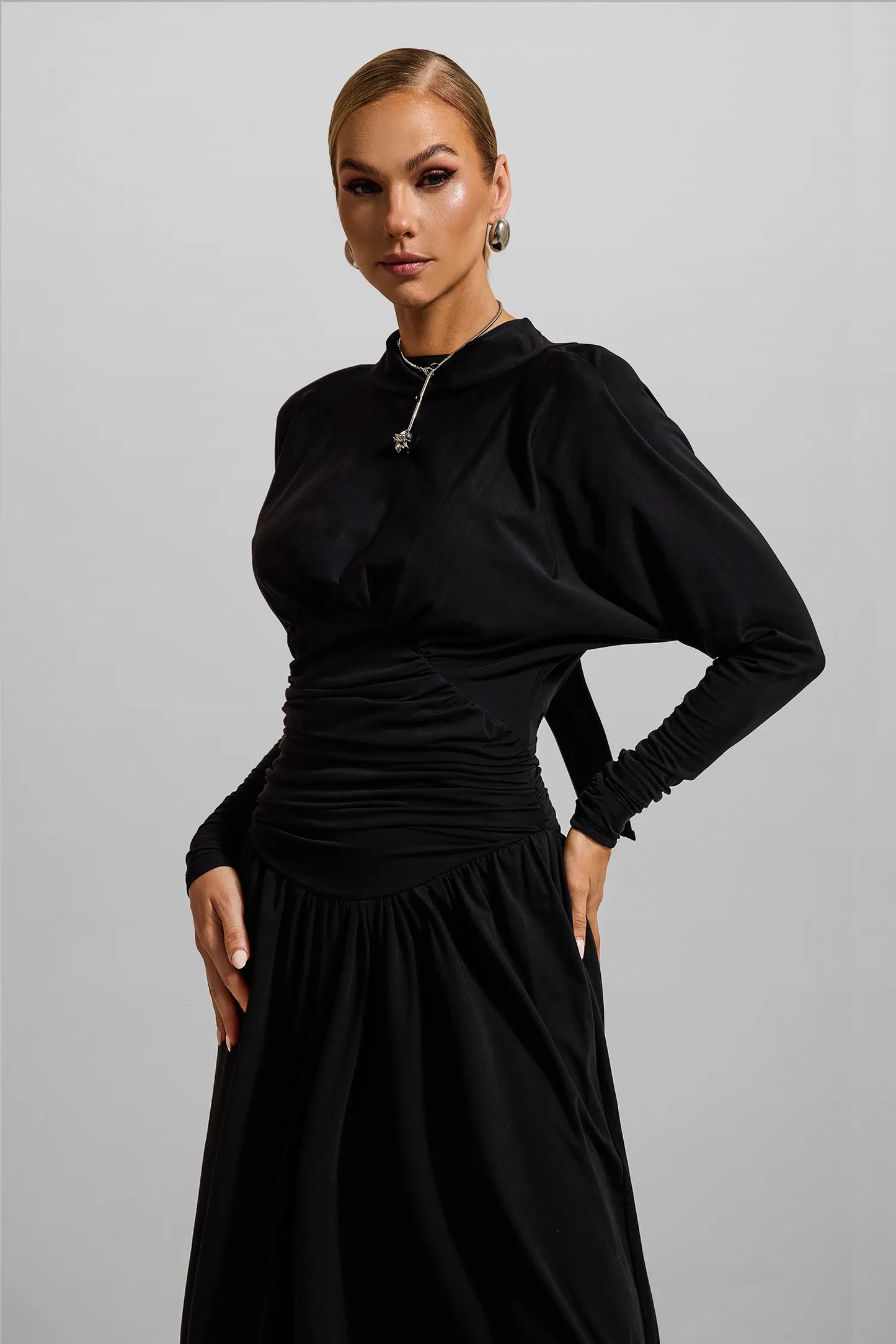 Jersey Solid Ruched Long Sleeve Maxi Dress