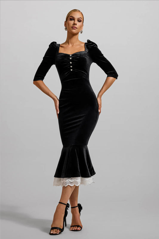 Solid Velvet Lace Sweetheart Neck Midi Dress