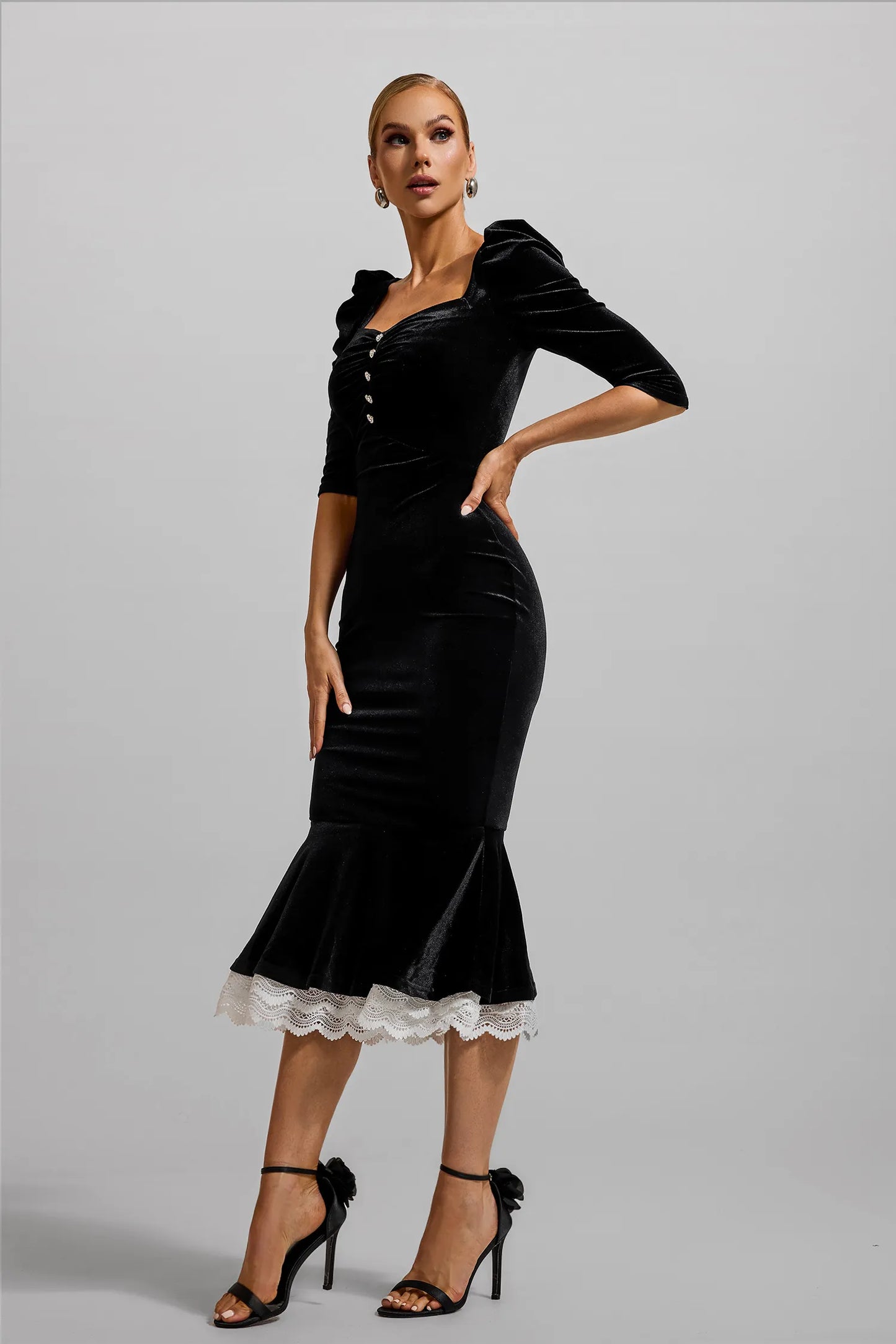 Solid Velvet Lace Sweetheart Neck Midi Dress