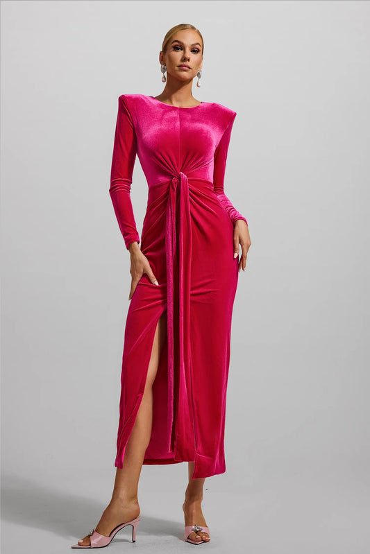 Velvet Knotted Long Sleeve Maxi Dress