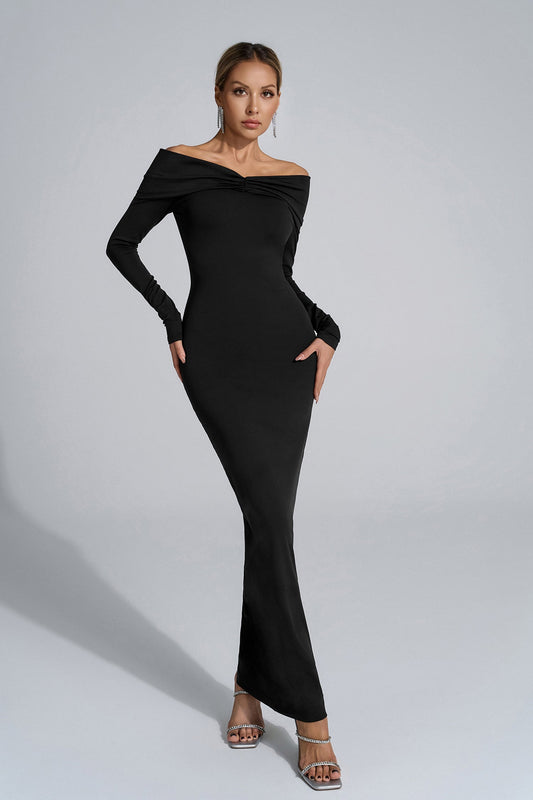 Isabella Black Long-Sleeve Bodycon Maxi Dress