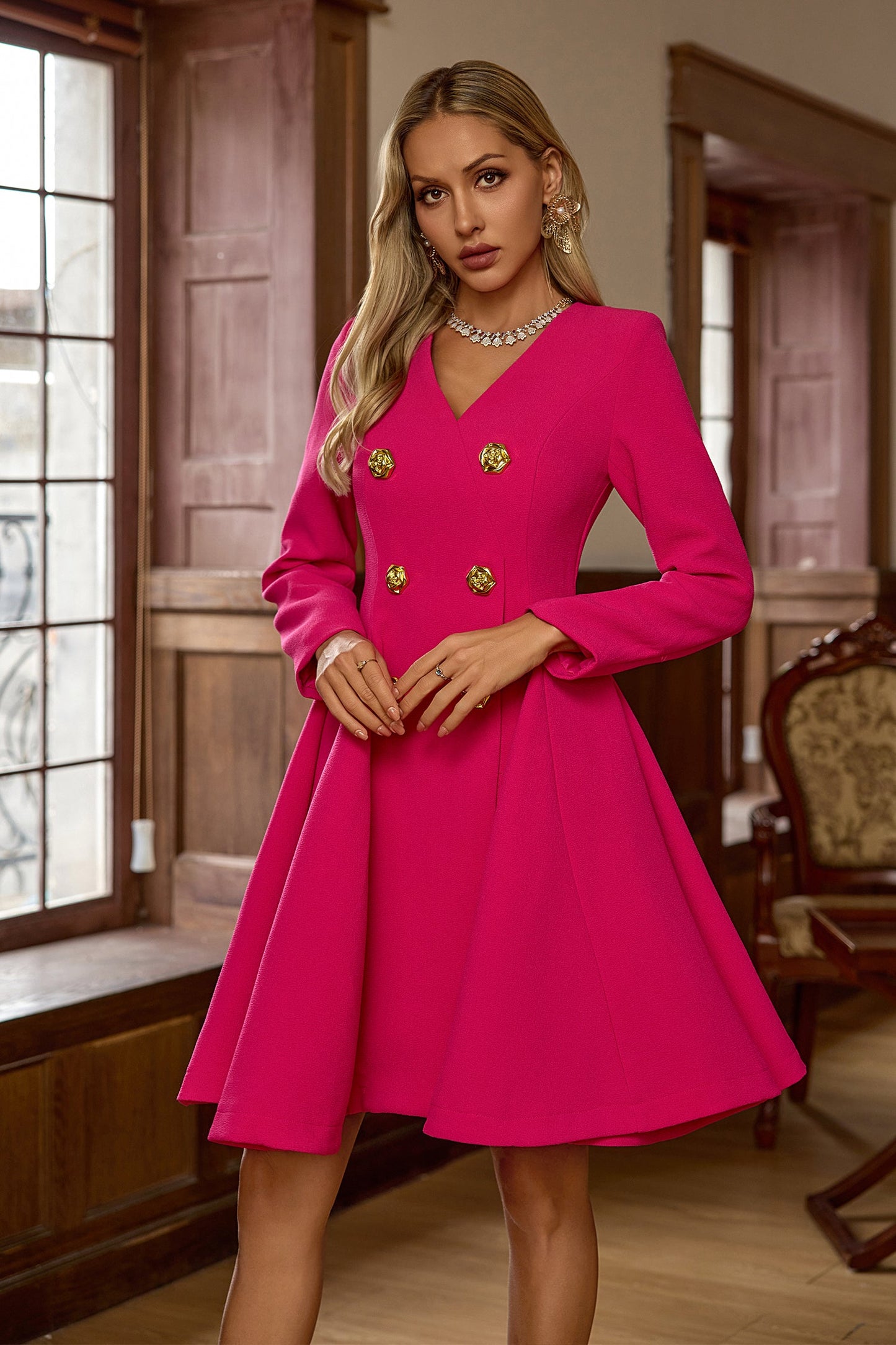 Peggie Long Sleeve Rose Red Mini Dress