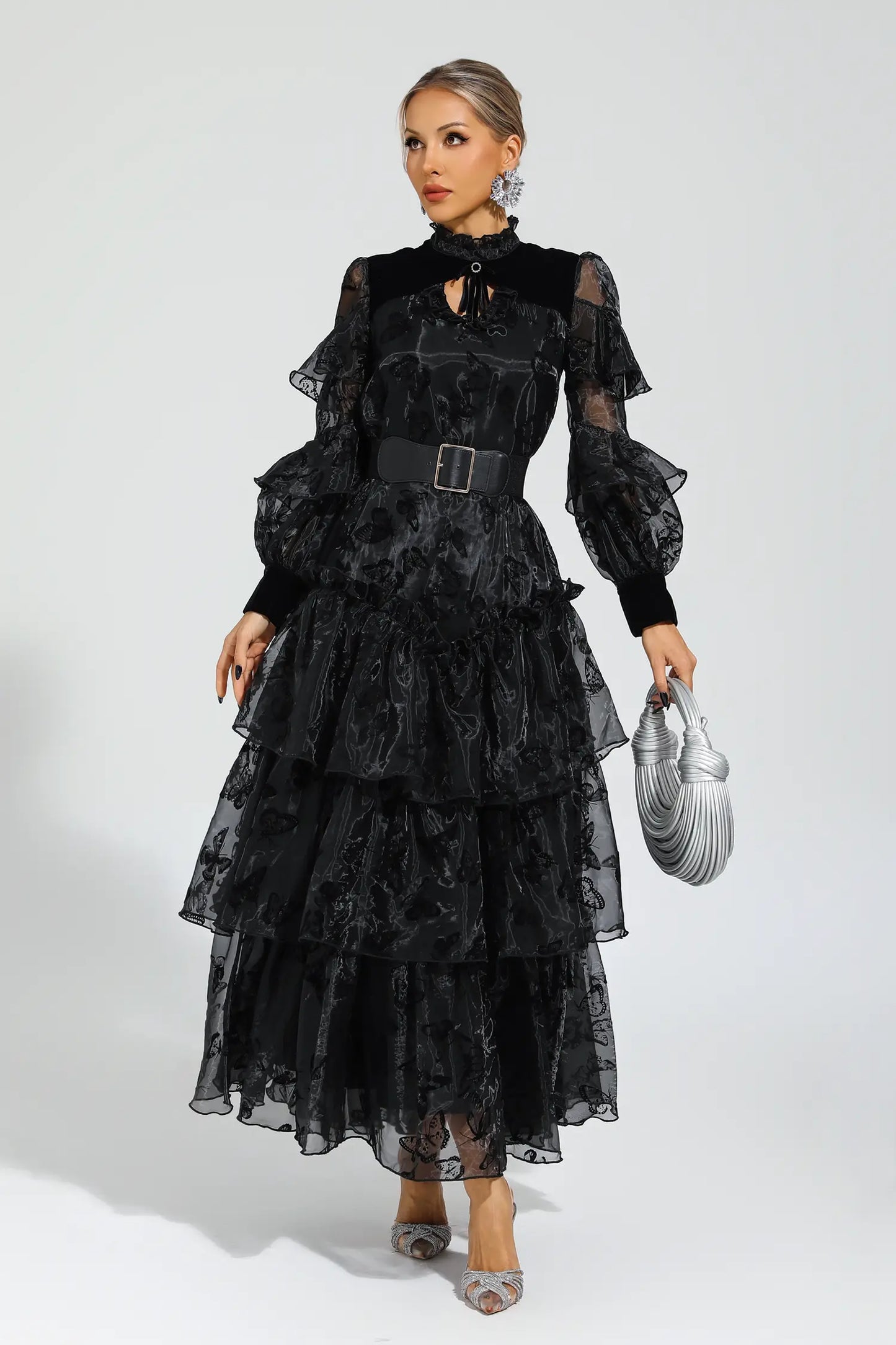 Marigold Black Belted Mesh Maxi Dress