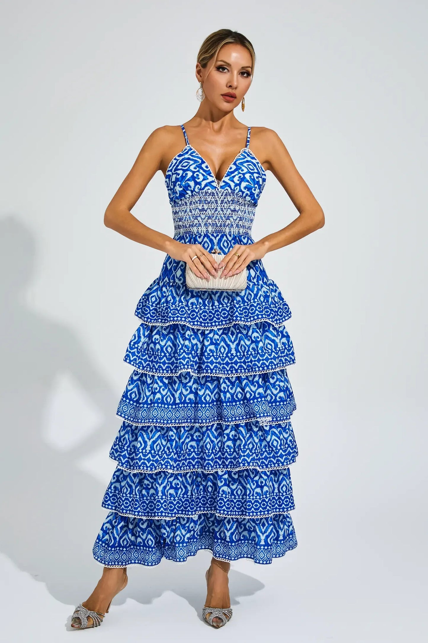 Adela Blue Bohemian Tiered Slip Maxi Dress