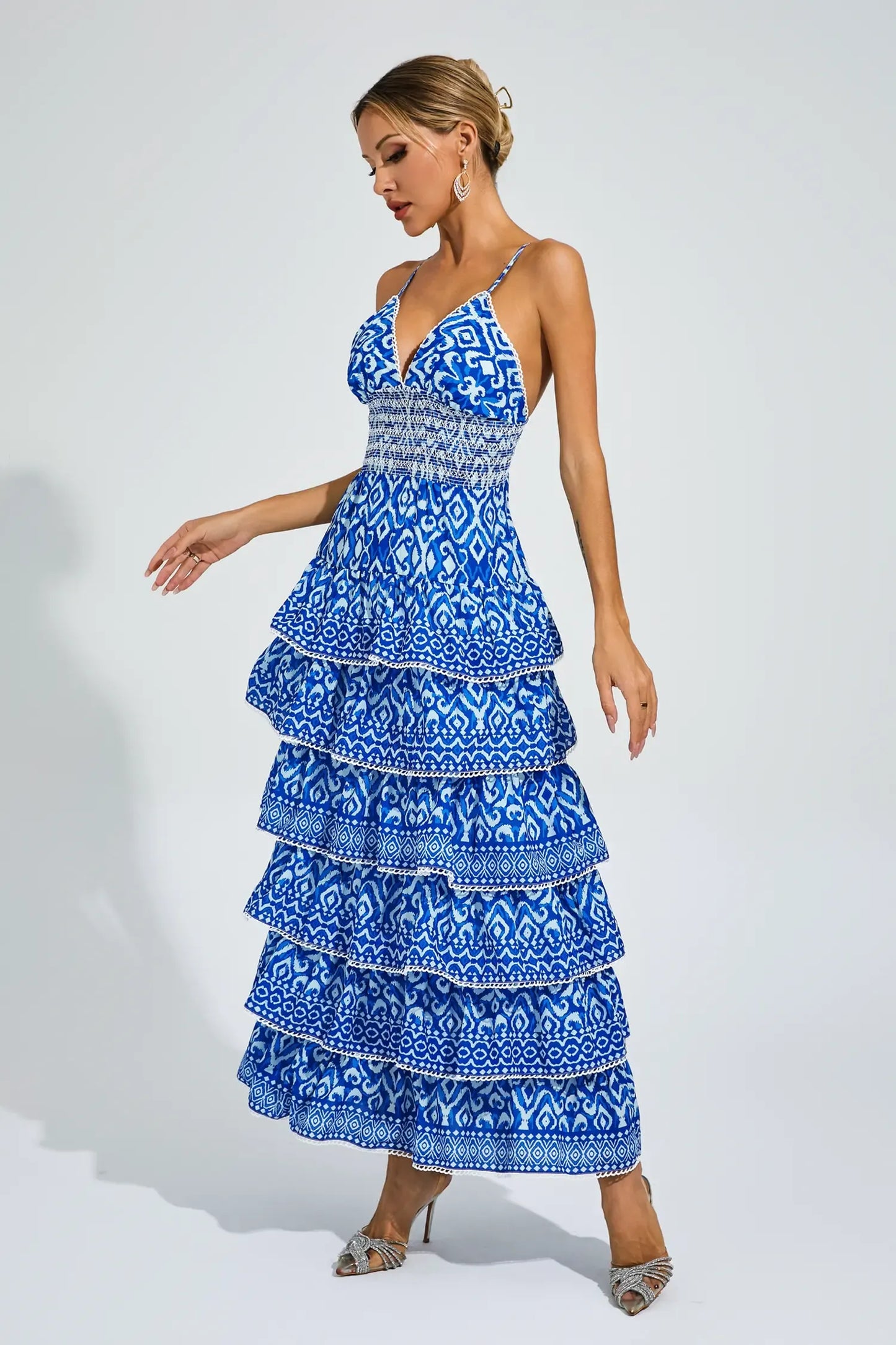 Adela Blue Bohemian Tiered Slip Maxi Dress