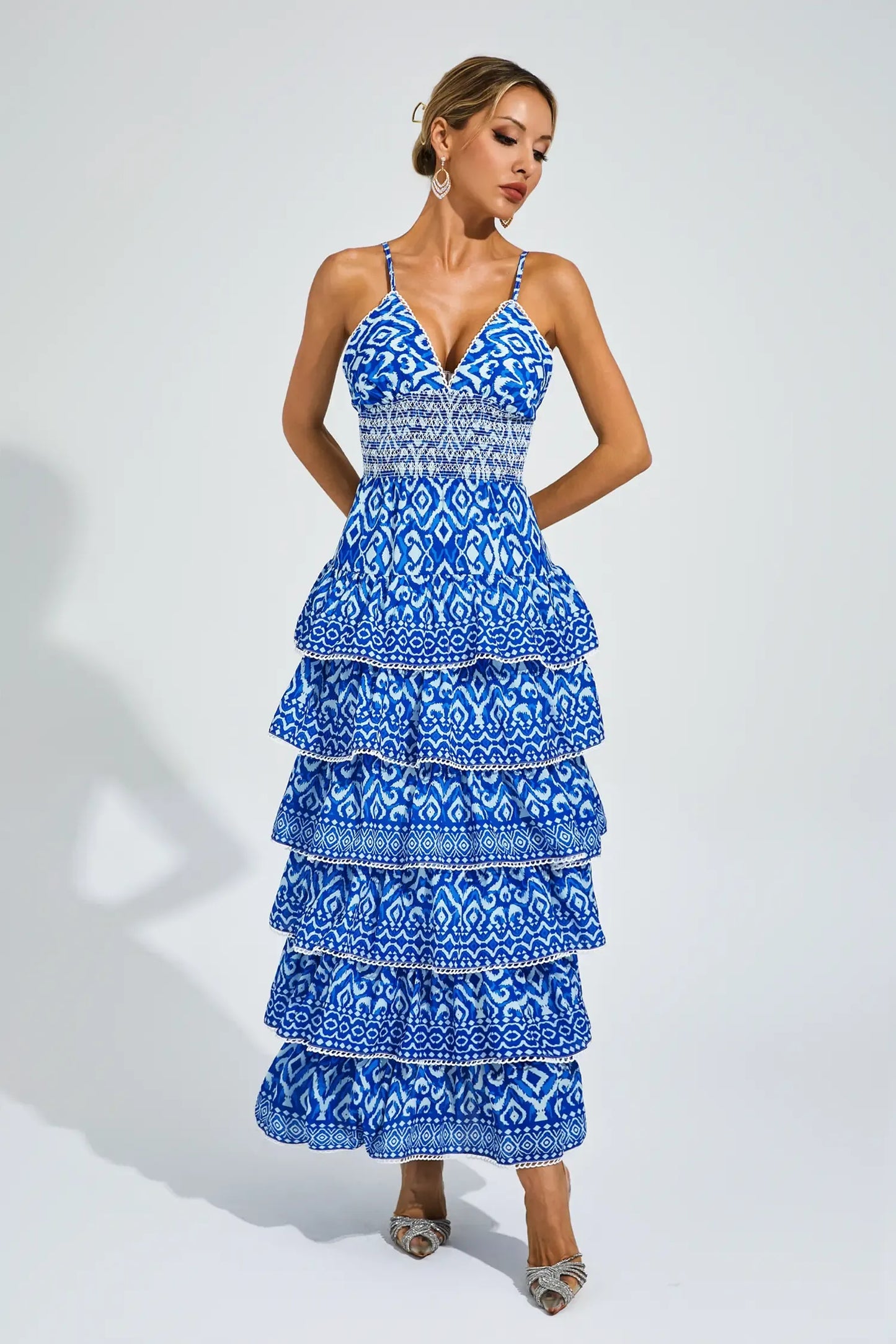 Adela Blue Bohemian Tiered Slip Maxi Dress