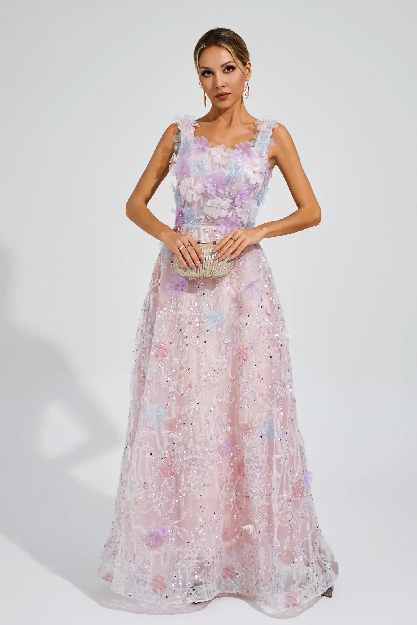 Adolph Pink Flower Sequin Maxi Dress