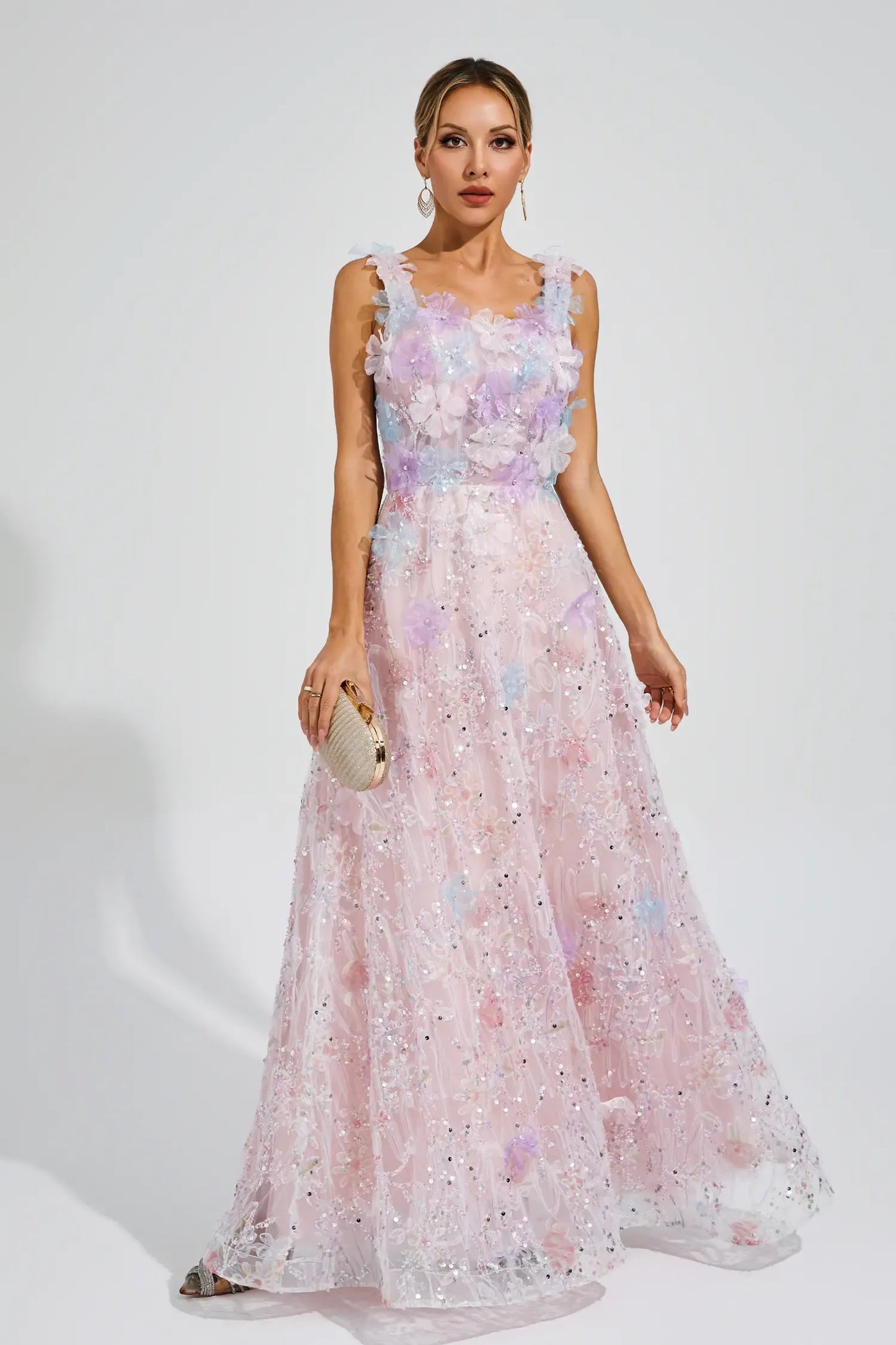 Adolph Pink Flower Sequin Maxi Dress