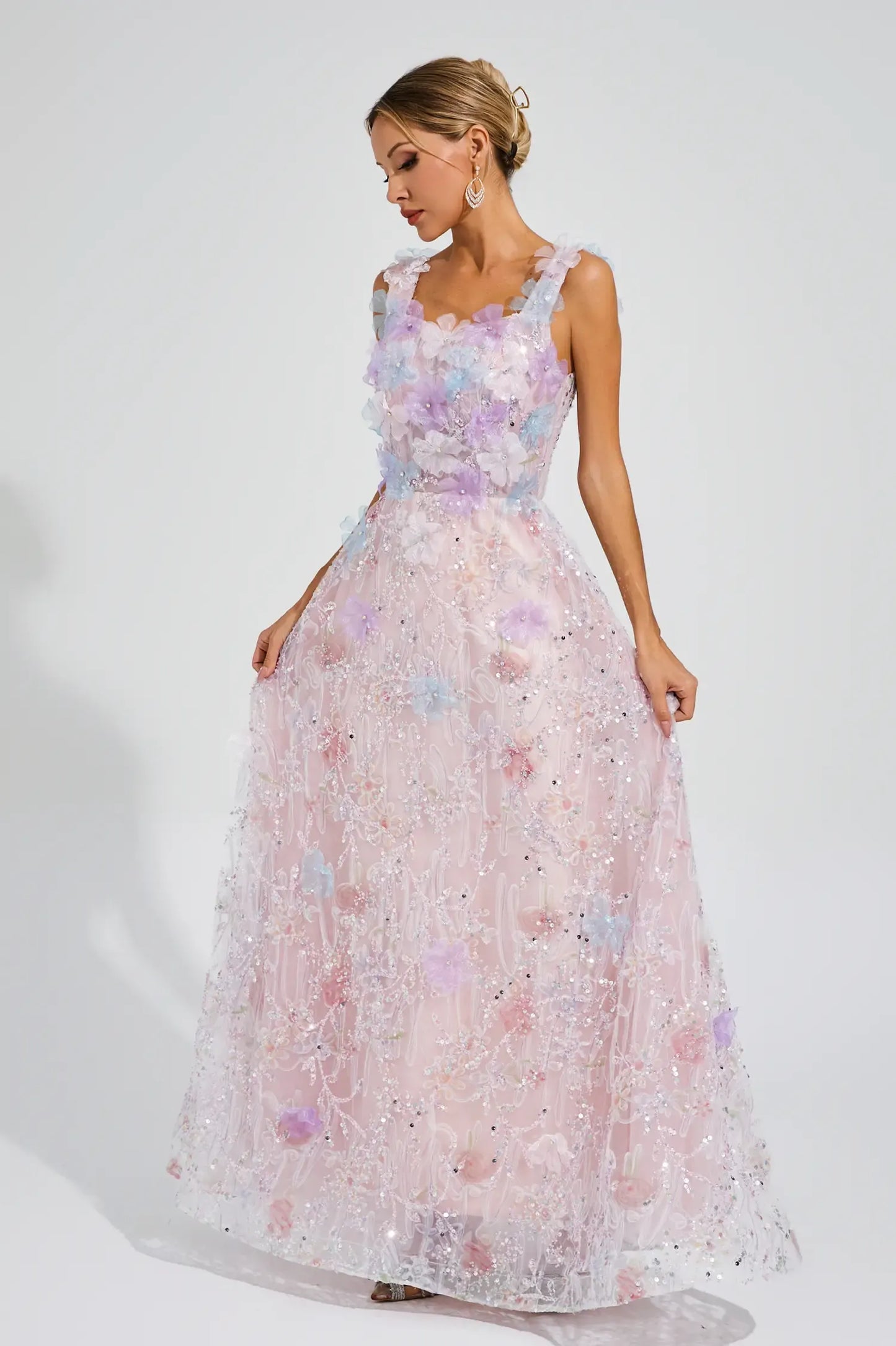 Adolph Pink Flower Sequin Maxi Dress