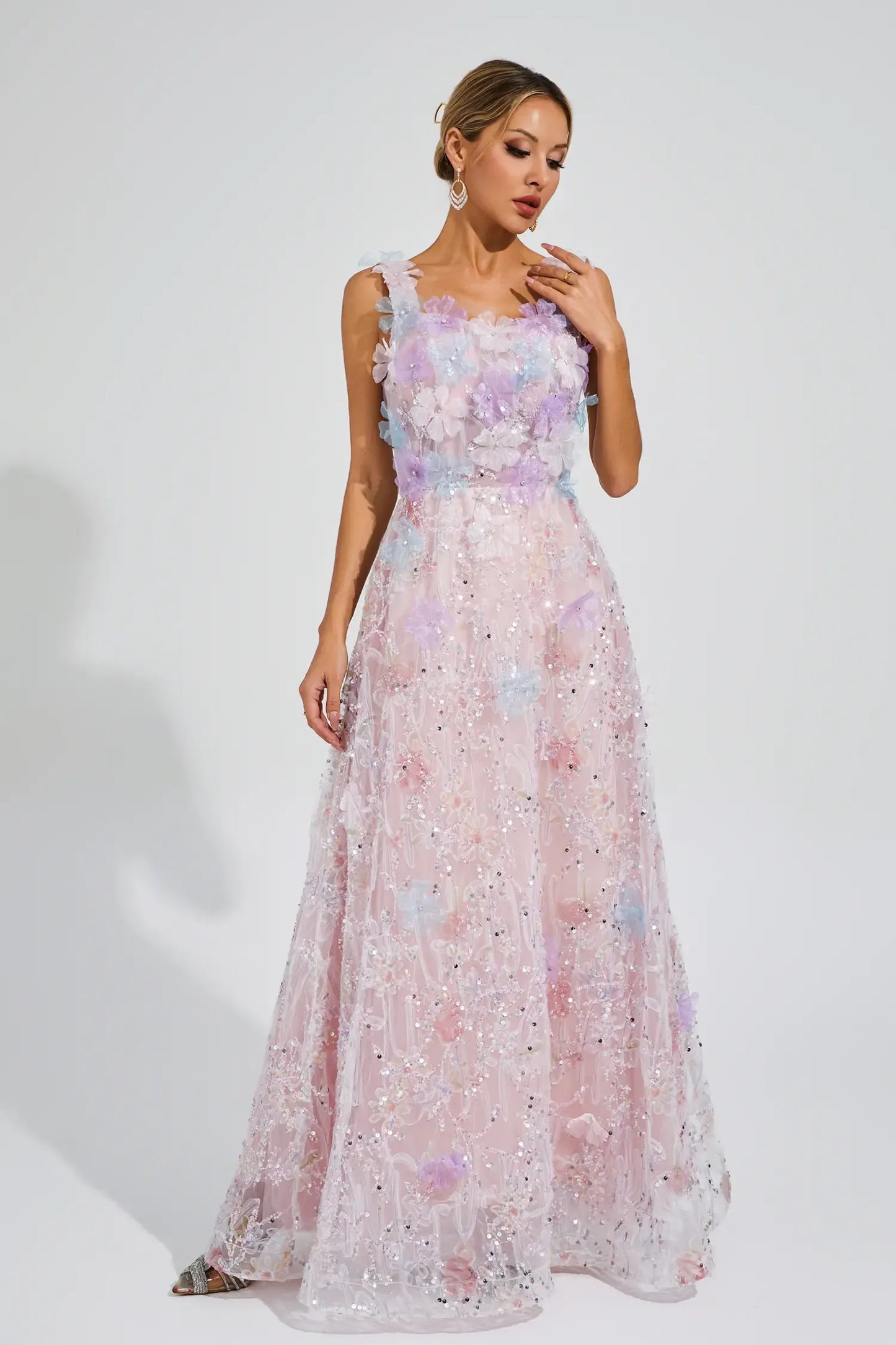 Adolph Pink Flower Sequin Maxi Dress