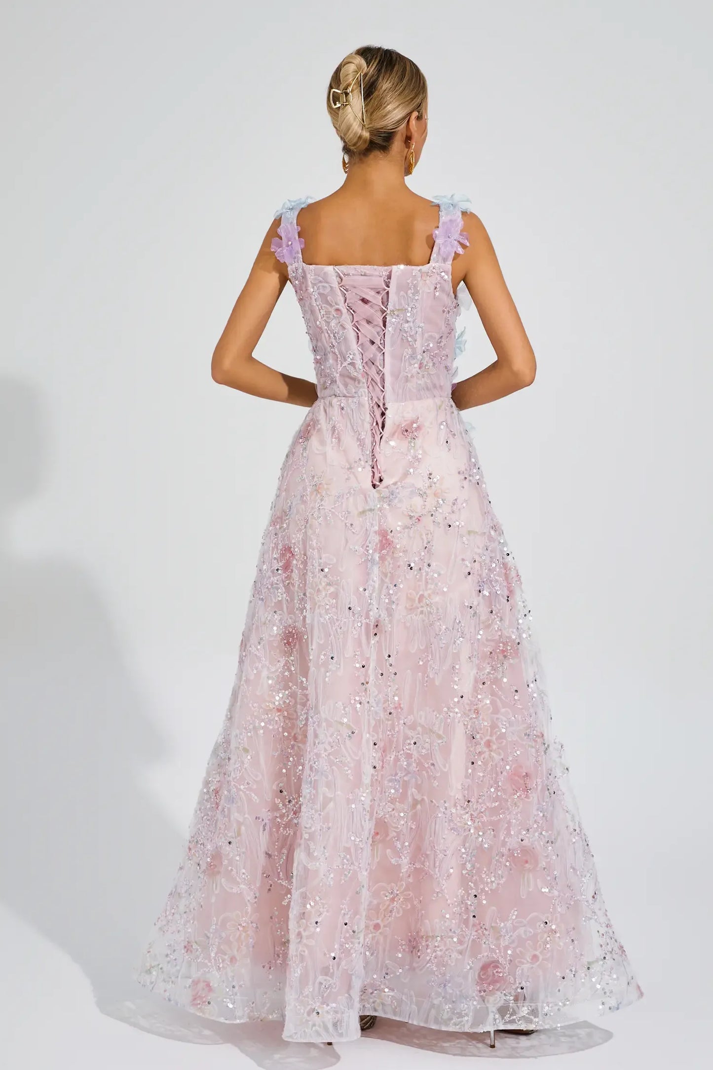 Adolph Pink Flower Sequin Maxi Dress