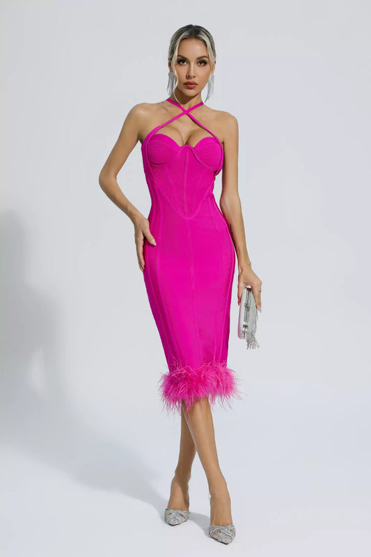 Aleah Pink Halterneck Bandage Midi Dress