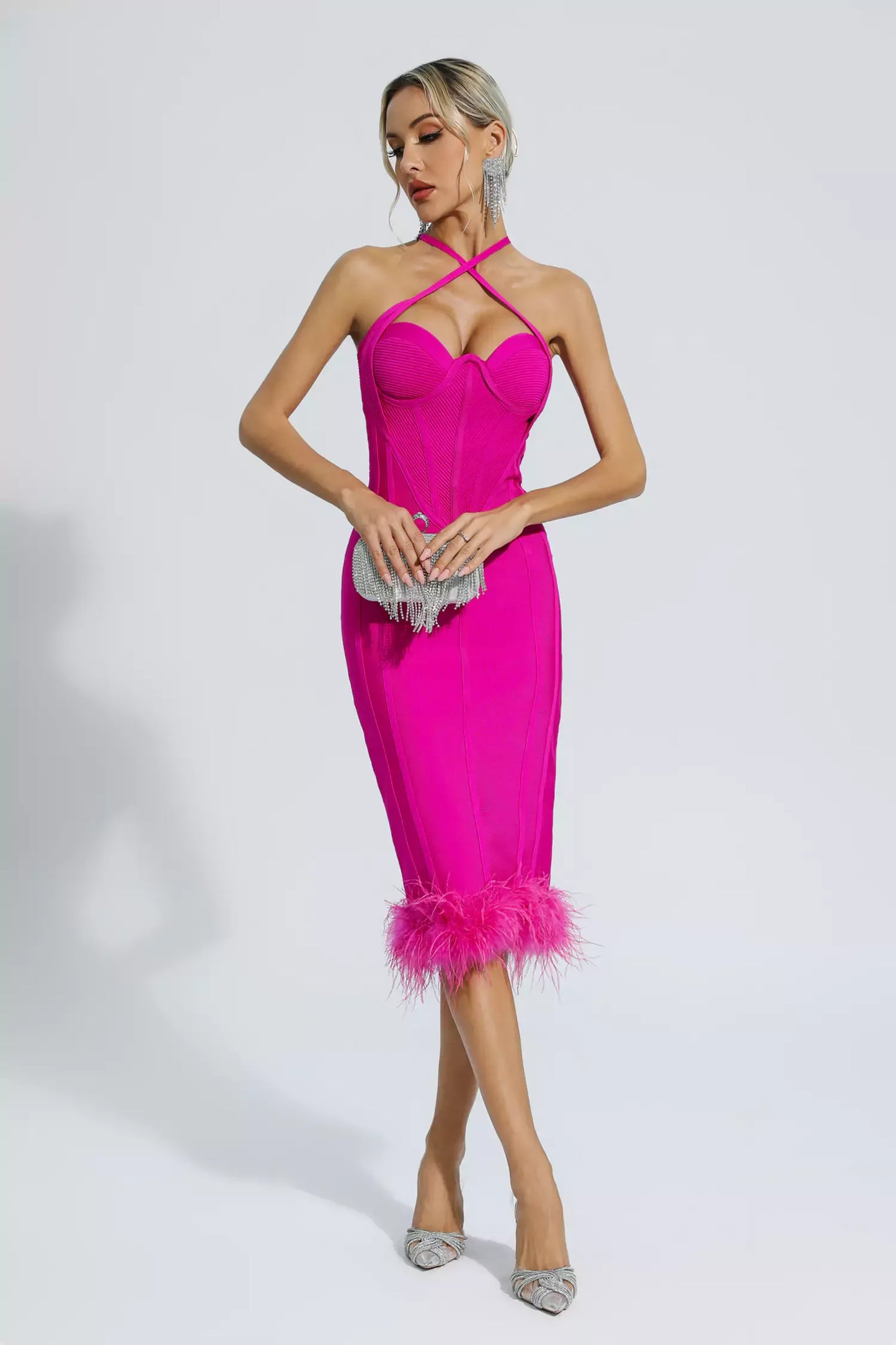 Aleah Pink Halterneck Bandage Midi Dress